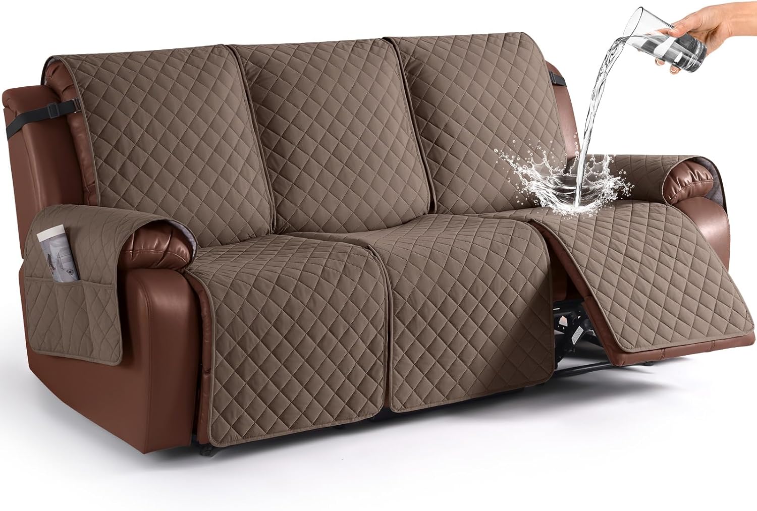 KinCam 100% Waterproof Recliner Couch Covers, Non-Slip Reclining Sofa Covers for 3 Seater, Recliner Couch Cover Furniture Protector with Elastic Straps for Pets, Kids, Brown Brown 3 Seater