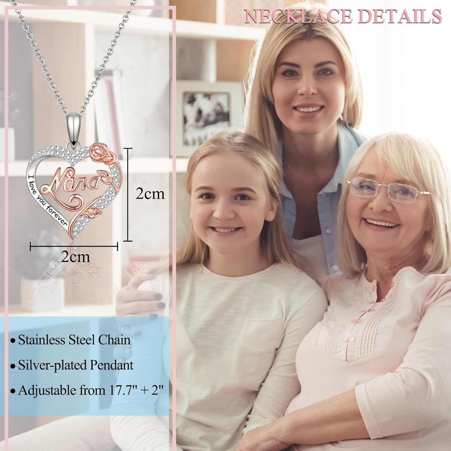 Nana Mom Daughter Necklace Gifts for Nana Grandma Grandmother Mom Daughter, To My Nana Mom Daughter Rose Heart Pendant Necklace Gifts -Birthday Christmas Wedding Retirement Gifts for Women Teen Girls Her - Image 3