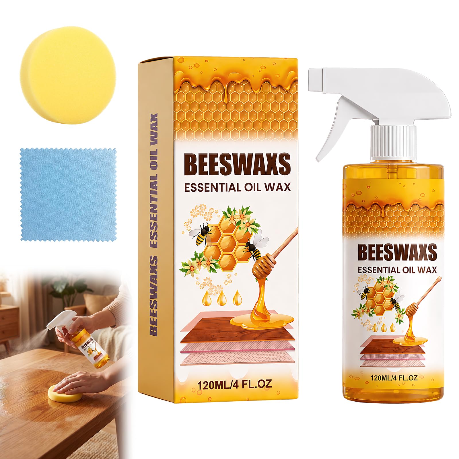 TWSURE 2026 New Beeswax Wood Polish Spray, Natural Essential Oil Wax Cleaner for Furniture, Floors, Cabinets & Tables, Restores Shine, Reduce Scratches, Protects & Conditions Wood Surfaces, 4 fl oz