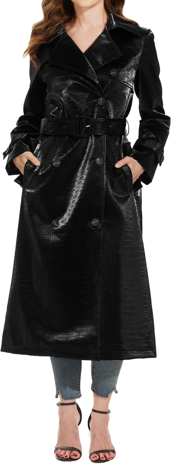 Fahsyee Women's Leather Trench Coat, Faux Motorcycle Plus Size Moto Biker Jacket Short Lightweight Vegan Pleather Fashion