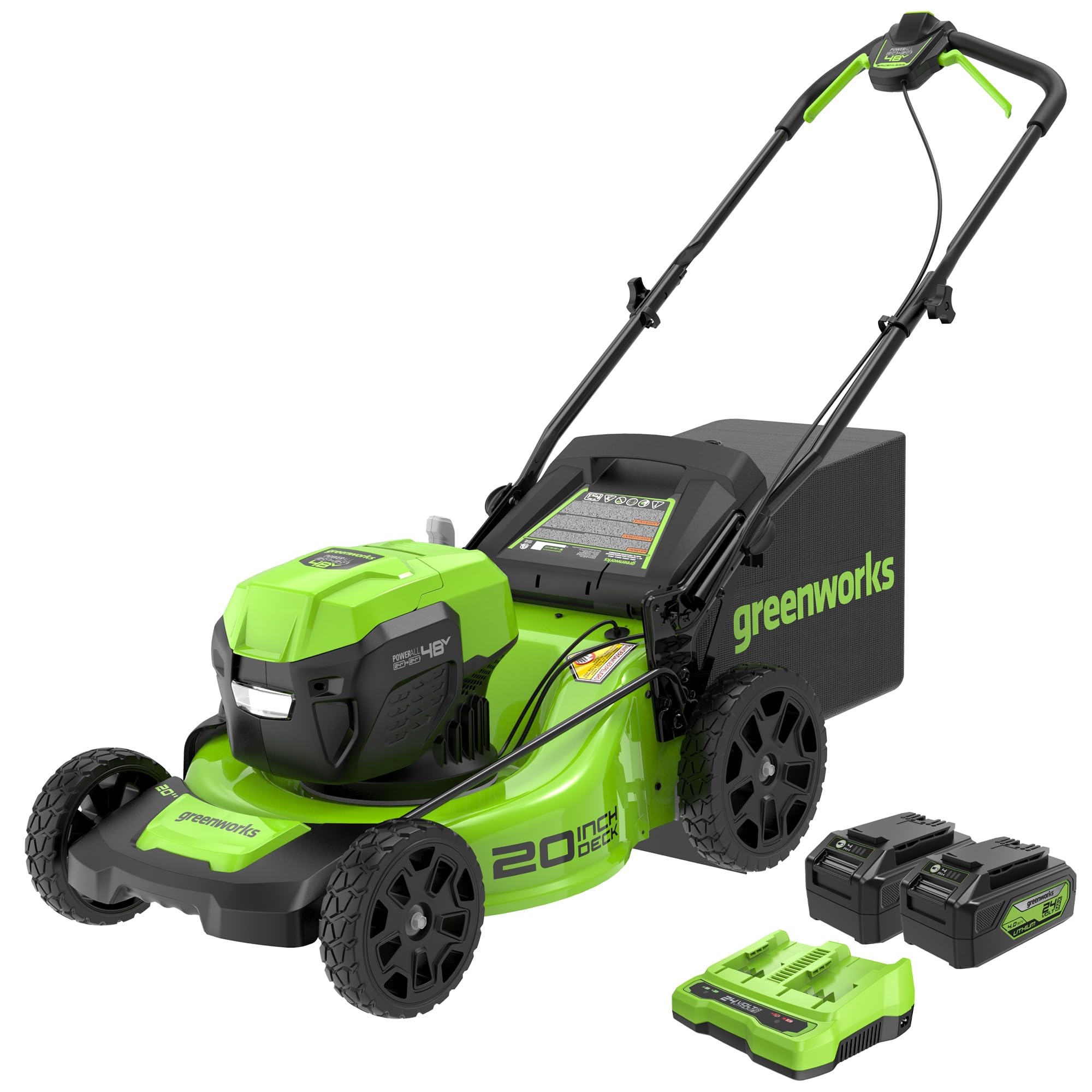 Greenworks 2 x 24V (48V) 20" Brushless Push Mower, (2) 4Ah USB Batteries and 4A Dual Port C...