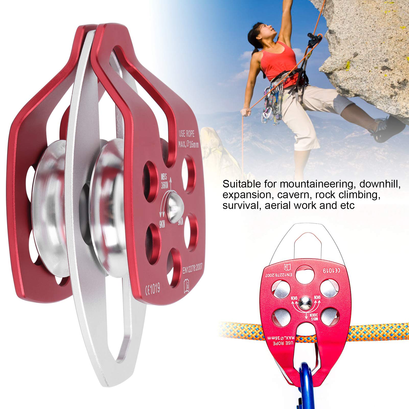 Alomejor Polea de Doble polea, polea de Cuerda giratoria, árbol Fijo, polea de Escalada en Roca, Rappel, arbolista, Equipo de Seguridad de Rescate