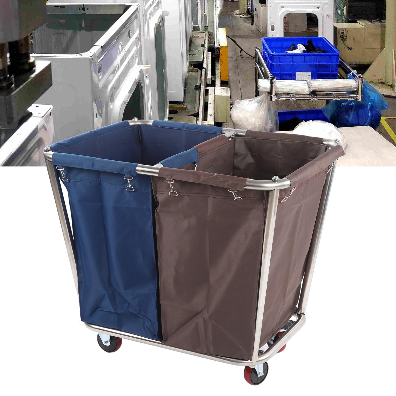 Carrello portabiancheria con 4 ruote, acciaio inossidabile, 2 sacchetti di stoffa, struttura modulare, selezione a secco bagnato, scene applicabili