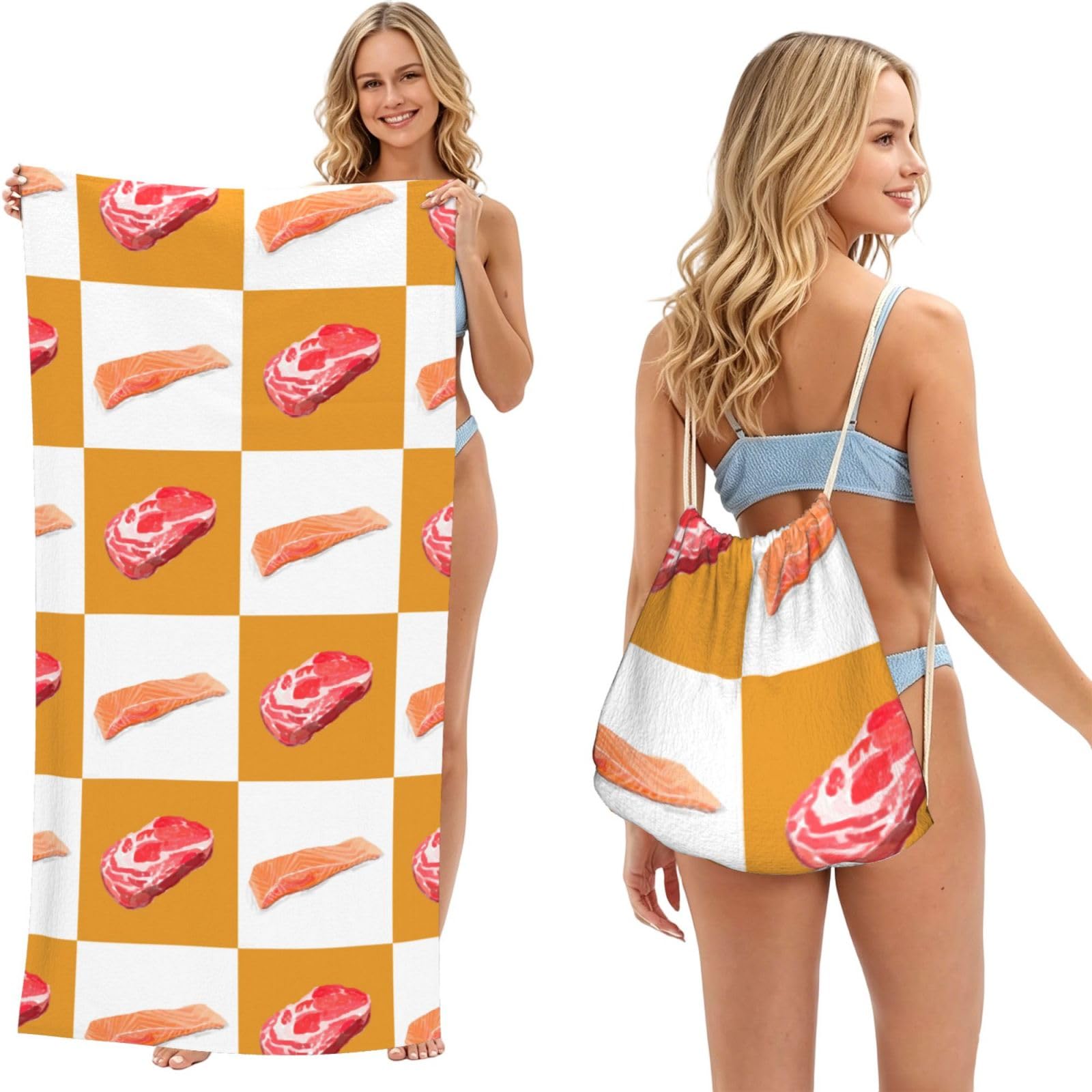 Poadnly As Picture Delicious Salmon And Steak, 2 In 1 Packable Towel Bag, Beach Towels With Drawstring Backpack For Travel Holiday Camping