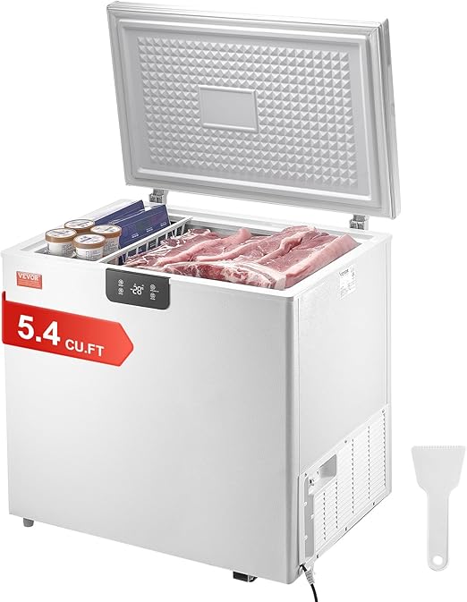 VEVOR Chest Freezer, 5.4 Cu.ft / 153 L Compact Deep Freezer, Free Standing Top Open Door Compact Freezers with 2 Removable Baskets & Adjustable Thermostat, Energy Saving & Low Noise, White