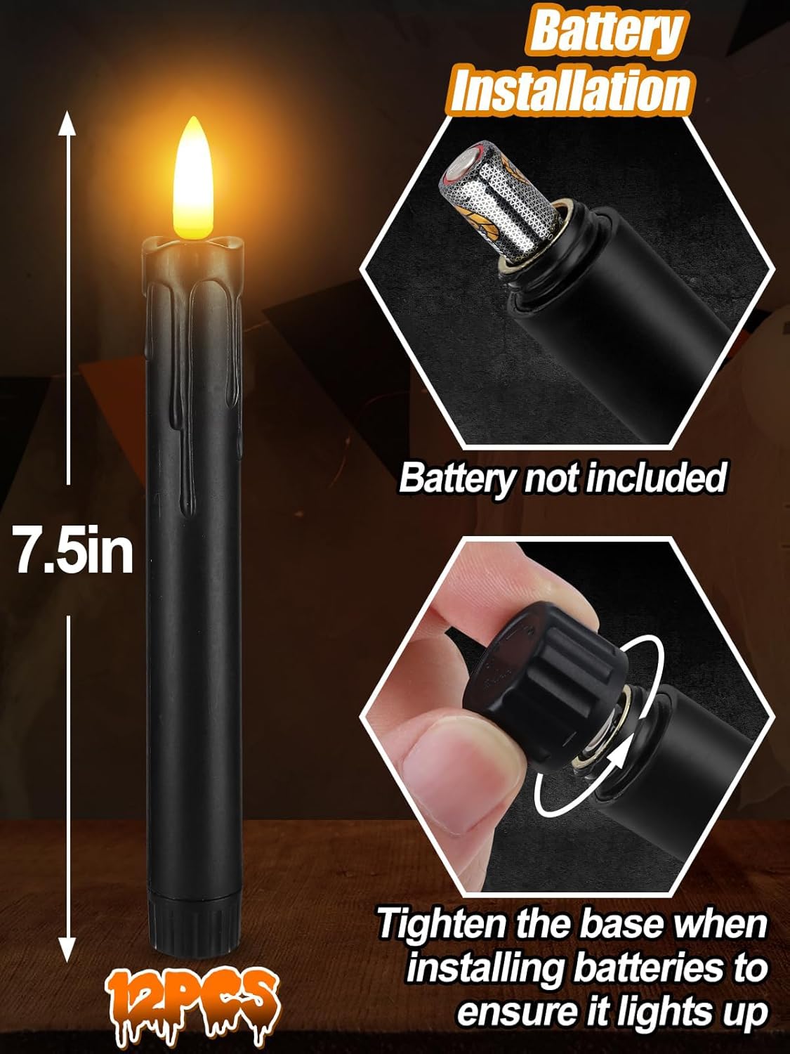 Alphatool Black Halloween Flameless Candles with Timer - Wax Drip LED Flickering Taper Candlesticks Battery Operated, Smokeless Unscented for Fireplace Table School Bar Halloween Decor, 12 Pack