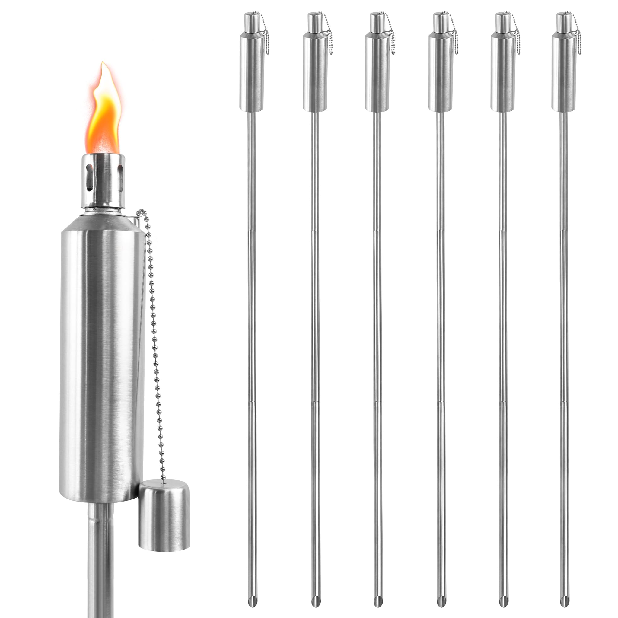 Edelstahl Gartenfackeln Öllampen Set Garten Fackeln für Draußen | Wanderung Handfackel mit 330ml Edelstahlbehälter, Dochte & Höhenverstellbar 55-115cm Griff, Öl Laternen Outdoor (6 Stück)