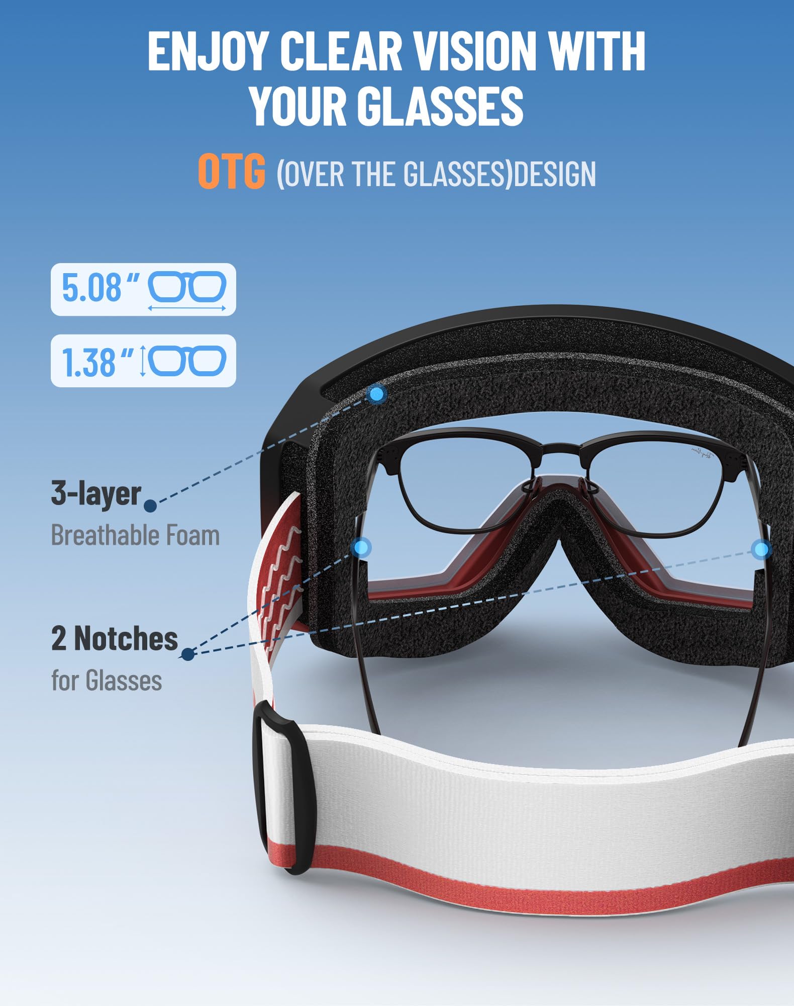 Innerking Occhiali da sci/snowboard OTG per uomini, donne e ragazzi – Occhiali da neve anti-appannamento 100% UV400 protezione GR15
