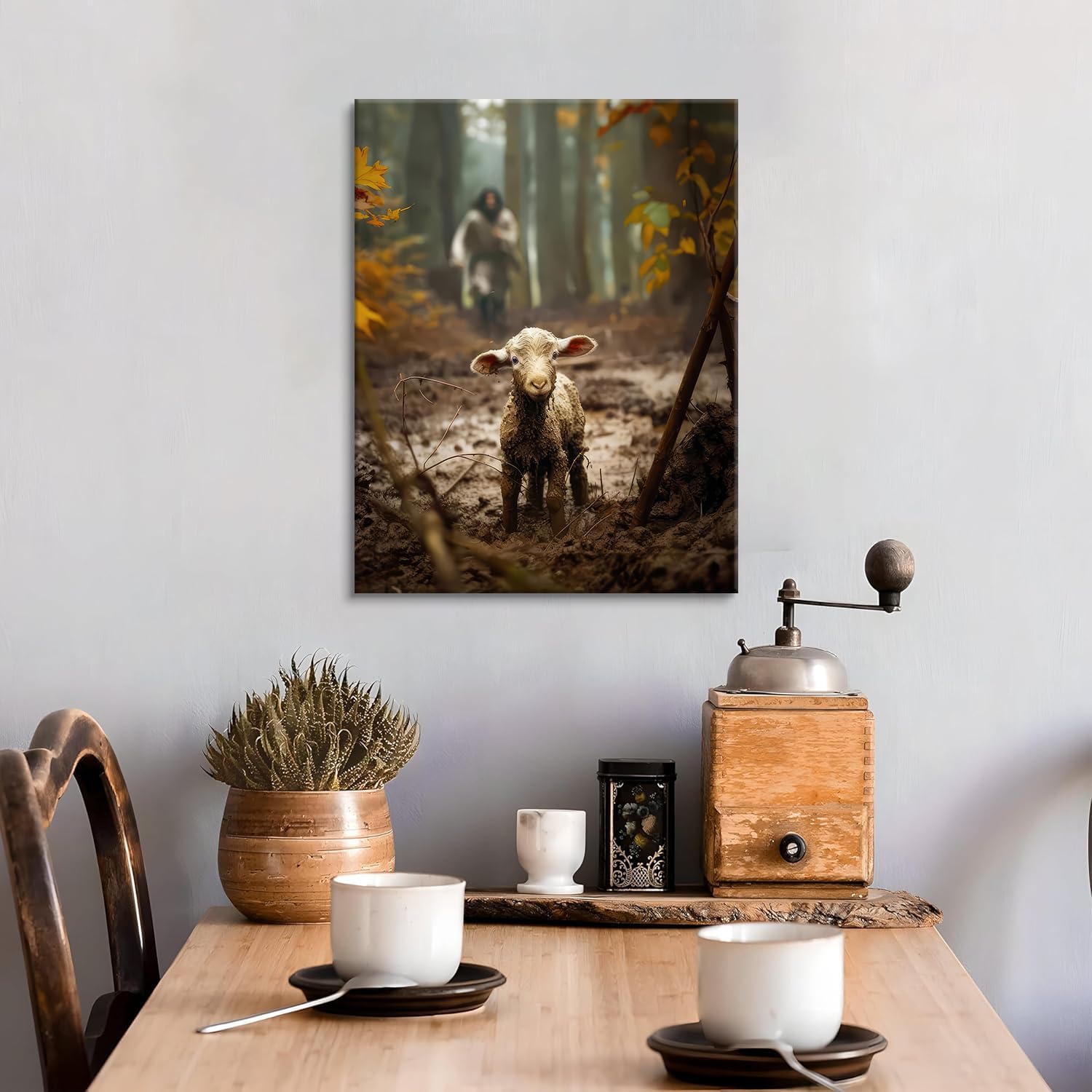 Jesus and Lamb Canvas Wall Art Jesus Running After Lost Sheep Wall Decor Christian Baptism gifts Lamb of God Painting Poster Print Artwork for Living Room Bedroom Church Decor 16X24 in canvas