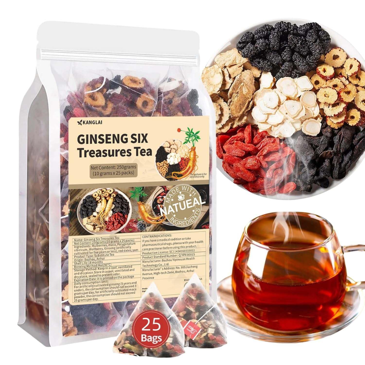 Jgfwat 25 Beutel Ginseng Six Treasure Tea,Kidney Detox Tee, Ginseng Rote Dattel Natürlichen Chinesischen Kräutertee,raditional Chinese Herbs for Men & Women(250 g/10 g x 25 Beutel)