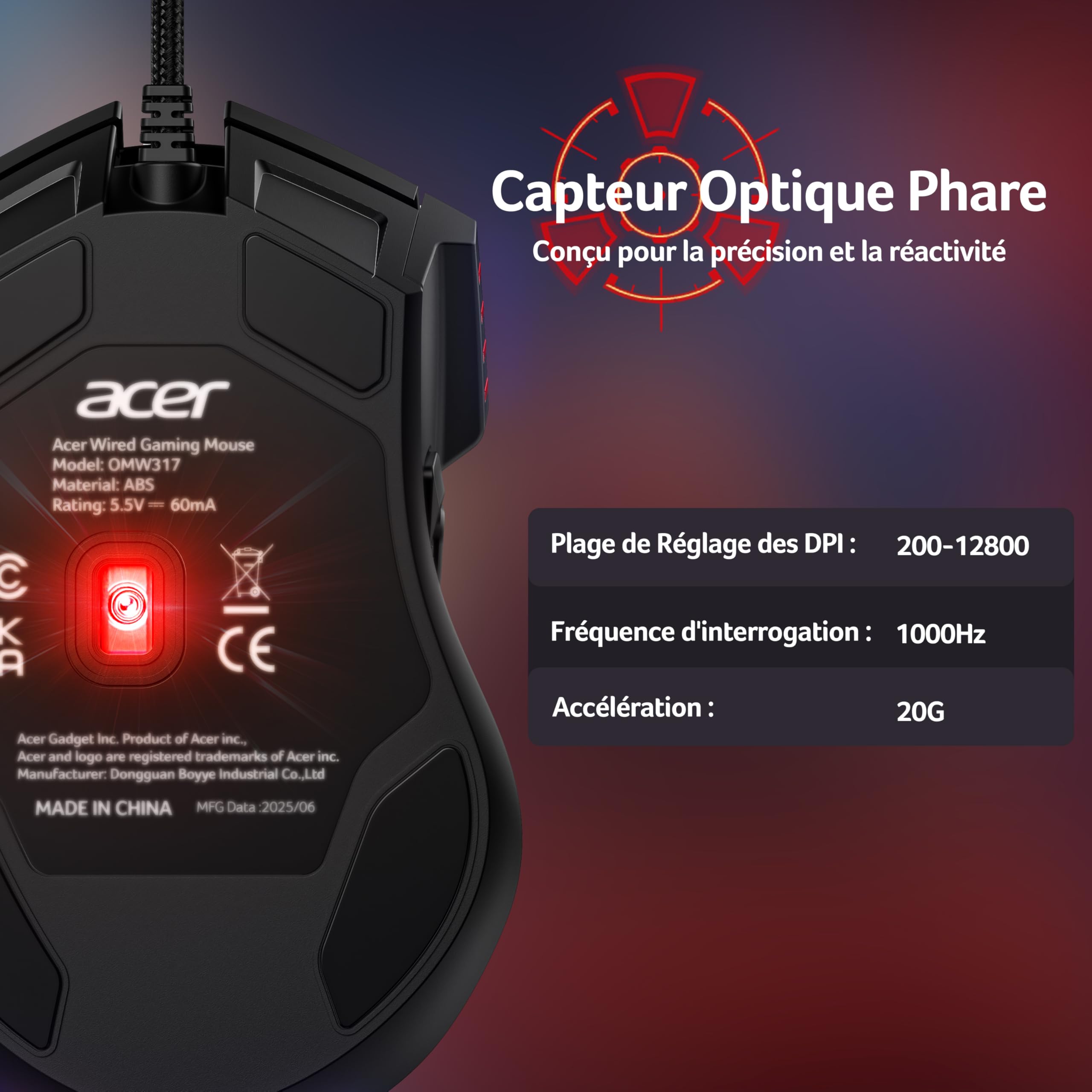 acer Souirs Gamer Filaire Ergonomique, 12 800 DPI, 8 Boutons programmables, Souris Gaming avec Fire Button, 12 Options RGB Personnalisable, Haute Précision- pour MOBA FPS CS