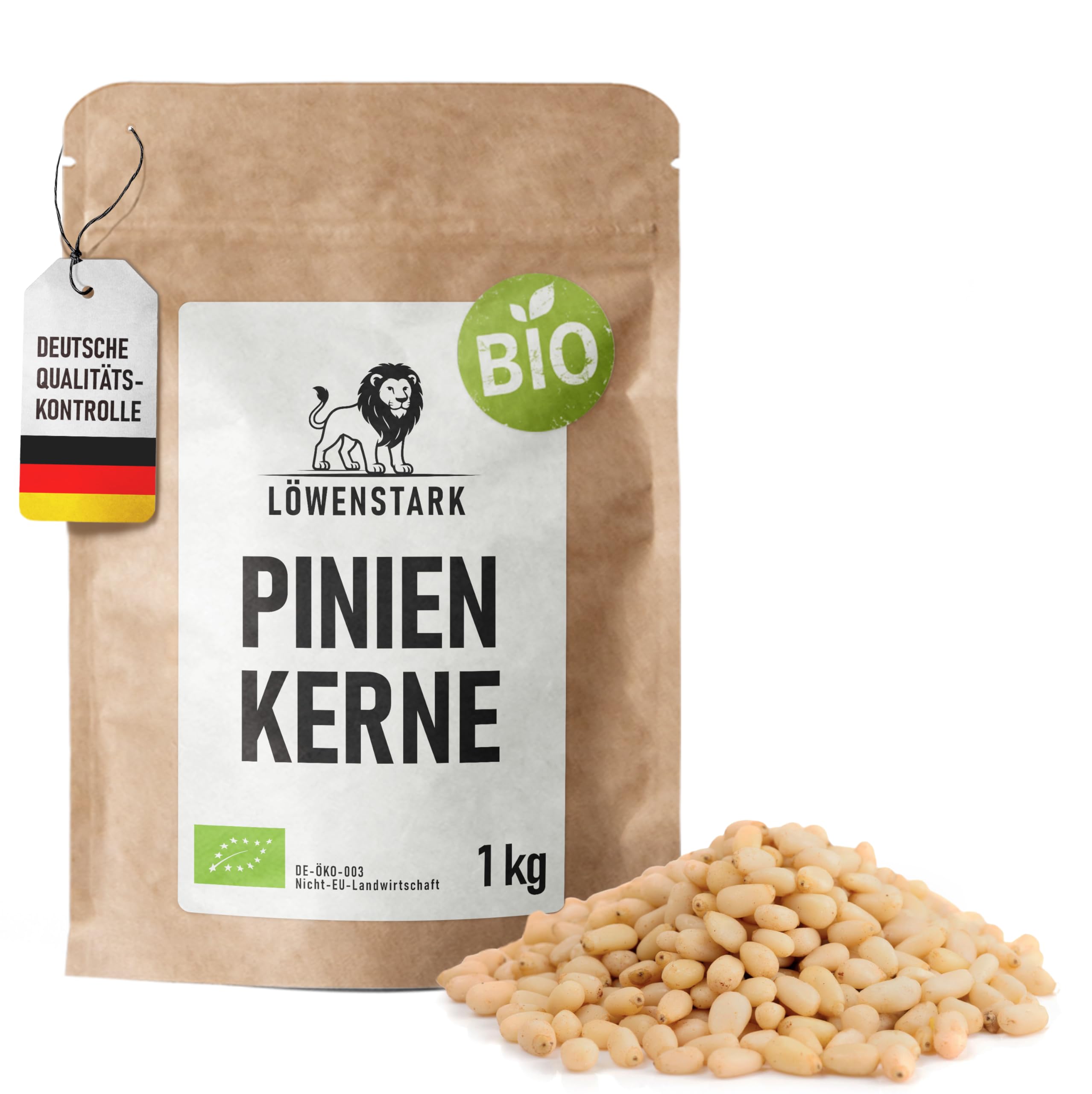 Löwenstark I BIO-Pinienkerne 1 kg I Pinien-Kerne roh I ideal als Snack, für die Herstellung von Pesto, zum Backen & Verfeinern von Salaten I Pine Nuts, vegan aus kontrolliert biologischem Anbau