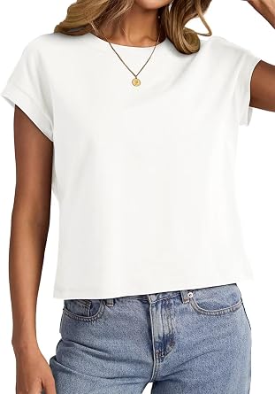 EasyGala Womens Cotton Crop Tops Loose Fit Crewneck Short Sleeve Summer Tee