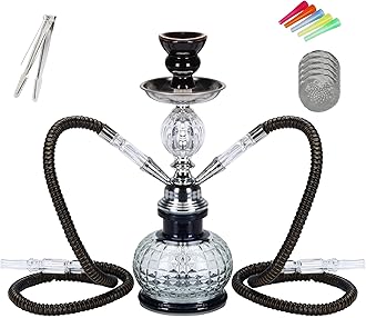SERdeerCH Hookah 2 Hose Complete Set Silicone Tube Ceramic Bowl Hookah Smoking Glass Shisha with Heat Management System（Black）