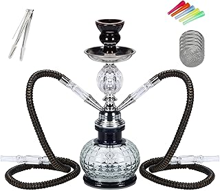Hookah 2 Hose Complete Set Silicone Tube Ceramic Bowl Hookah Smoking Glass Shisha with Heat Management System（Black）