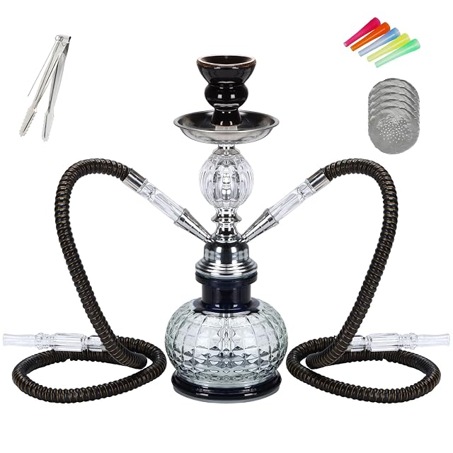Hookah 2 Hose Complete Set Silicone Tube Ceramic Bowl Hookah Smoking Glass Shisha with Heat Management System Black