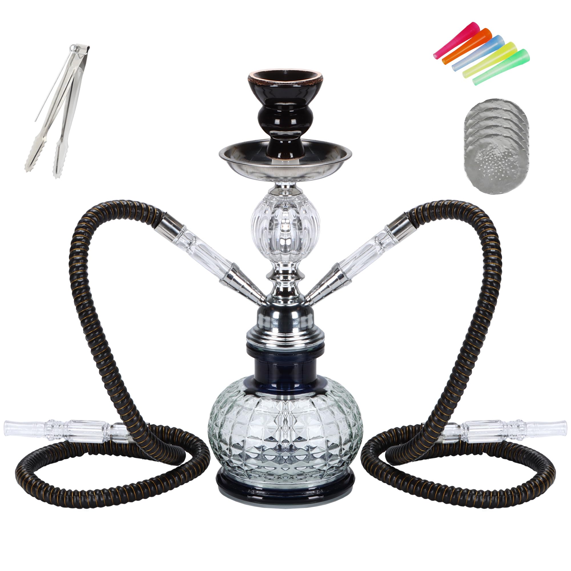 Hookah 2 Hose Complete Set Silicone Tube Ceramic Bowl Hookah Smoking Glass Shisha with Heat Management System（Black）