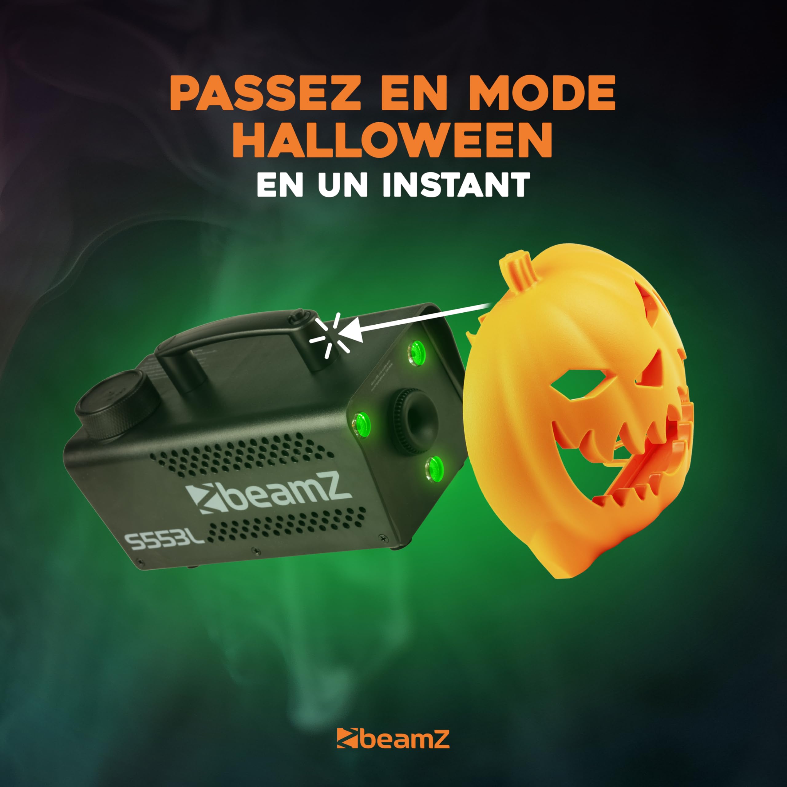 Machine à Fumée Halloween avec Citrouille Animée, Rires Diaboliques et Effets Lumineux - Ambiance Effrayante Halloween pour une Soirée Unique, Exclusivité BeamZ 2024, Liquide Inclus