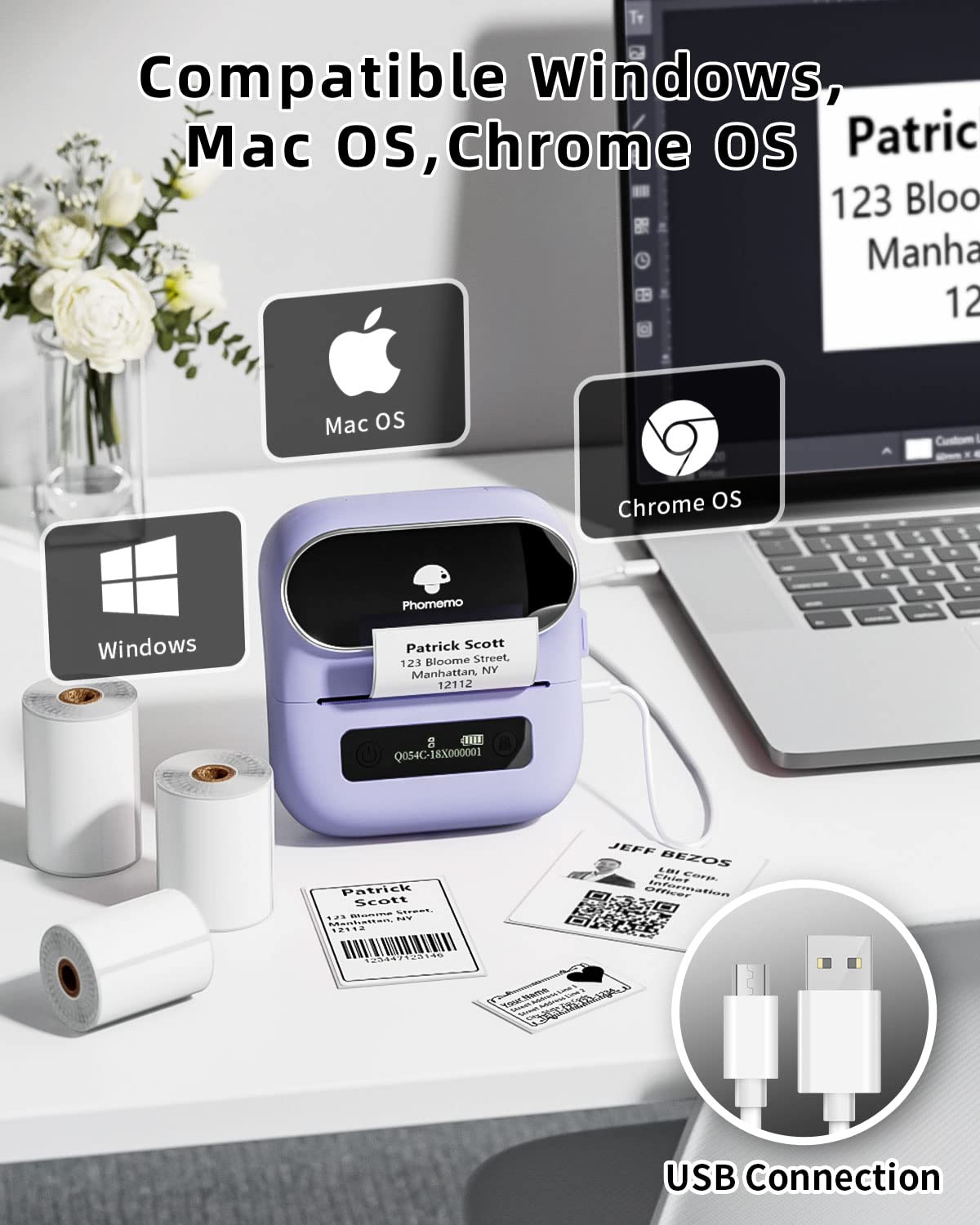 Phomemo M220 Stampante per etichette Bluetooth per codici a barre, indirizzo, casa, spedizione, piccole imprese, abbigliamento, etichettatrice portatile PL con 3 rotoli di etichette
