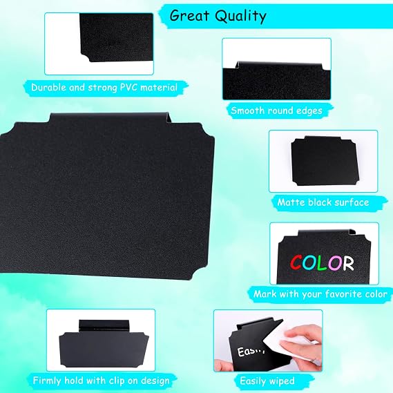 20 Pieces Basket Labels Clip On Set for Storage Bins Kitchen Pantry Basket Box Cube Laundry Organization, with 32 Pieces Removable Chalkboard Tag Stickers and 12 Pieces Chalk Marker