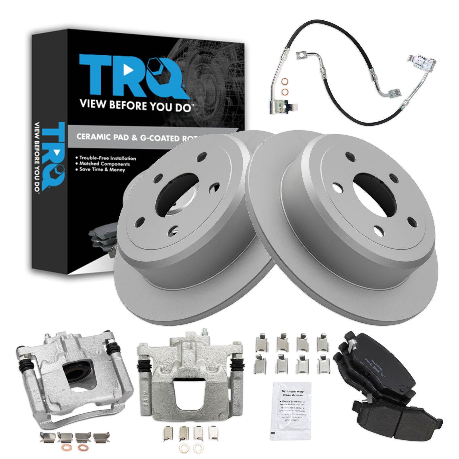 TRQ Rear Brake Pad and Rotor Set Ceramic Coated Rotors Calipers Compatible with 2008-2012 Jeep Wrangler
