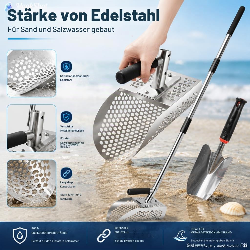 Edelstahl-Strand-Sandschaufel, 55 Zoll Langer Griff abnehmbare Metalldetektor-Schaufel für Sand Sichtung und Schatzsuche, kommt mit Einer kleinen Sandschaufel