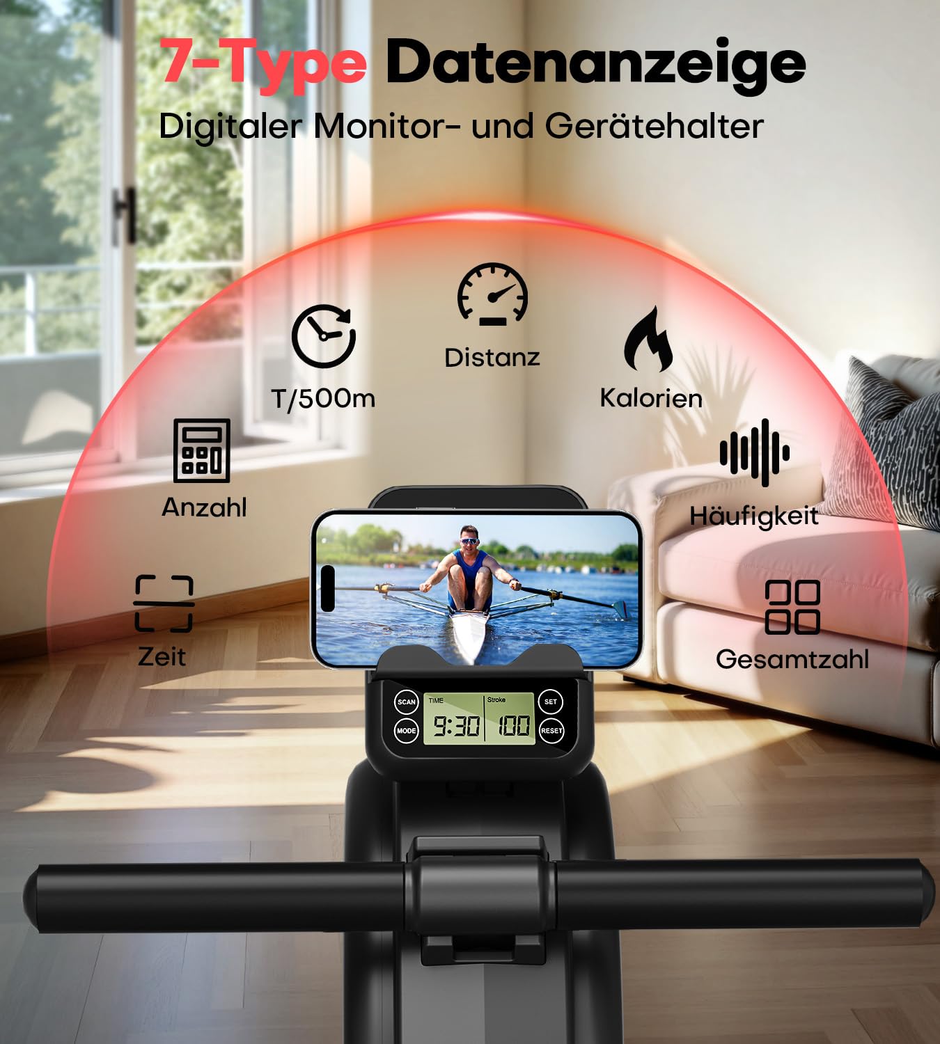 Rudergerät für Zuhause, Magnetisches Rudergerät mit 16 Widerstandsstufen, Upgrade Doppel-Slide-Rails Ultraleise, App-Kompatibel LCD-Datenanzeige, Belastbar bis 160kg, Die Wahl für Fitness