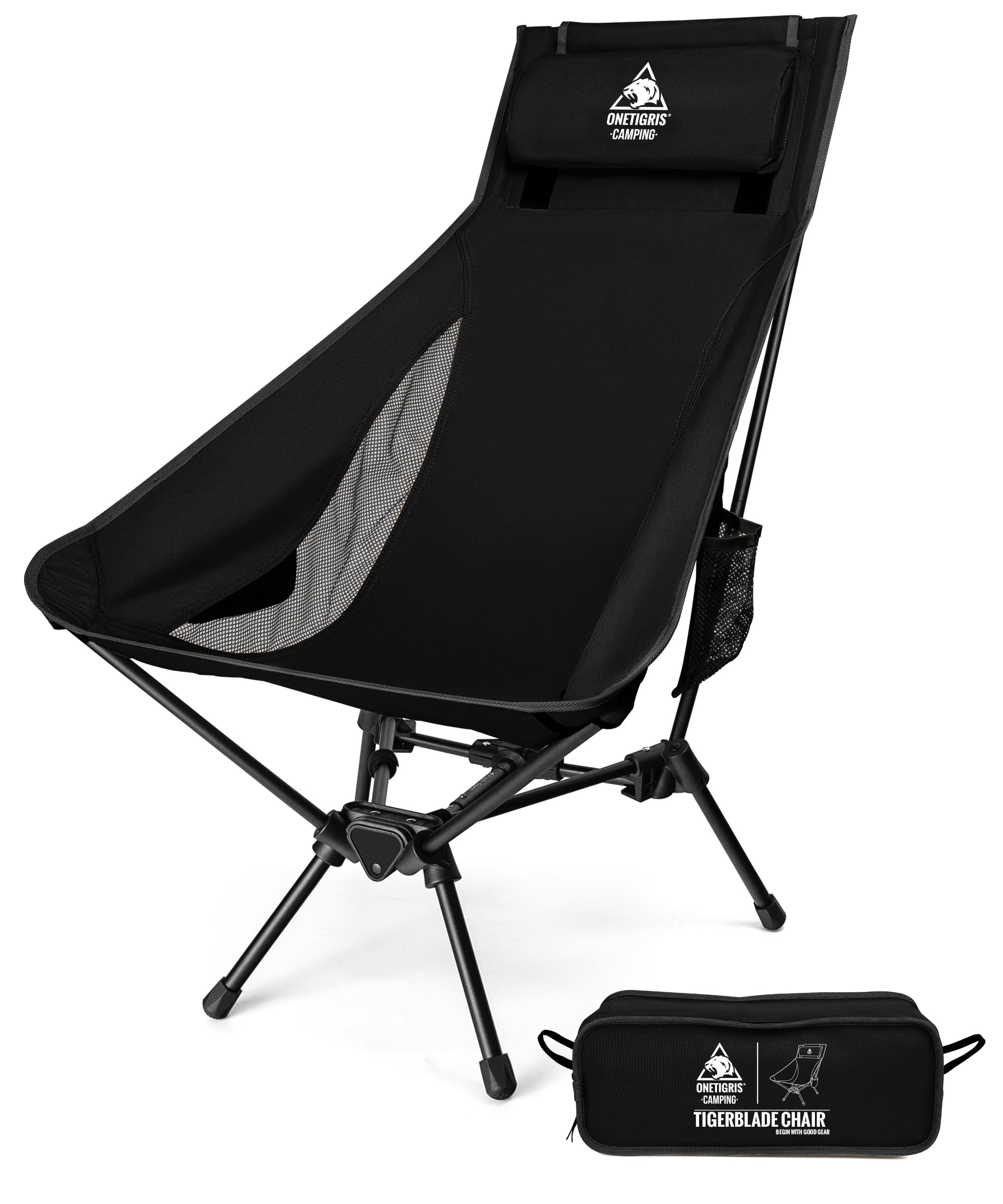 OneTigris TIGERBLADE Campingstuhl Hochlehner faltbar 150 kg, Klappstuhl Camping leicht Dreiecksrahmen, Angelstuhl klappbar mit 2 Seitentaschen, Faltstuhl Ultraleicht für Outdoor, Wandern(Schwarz)