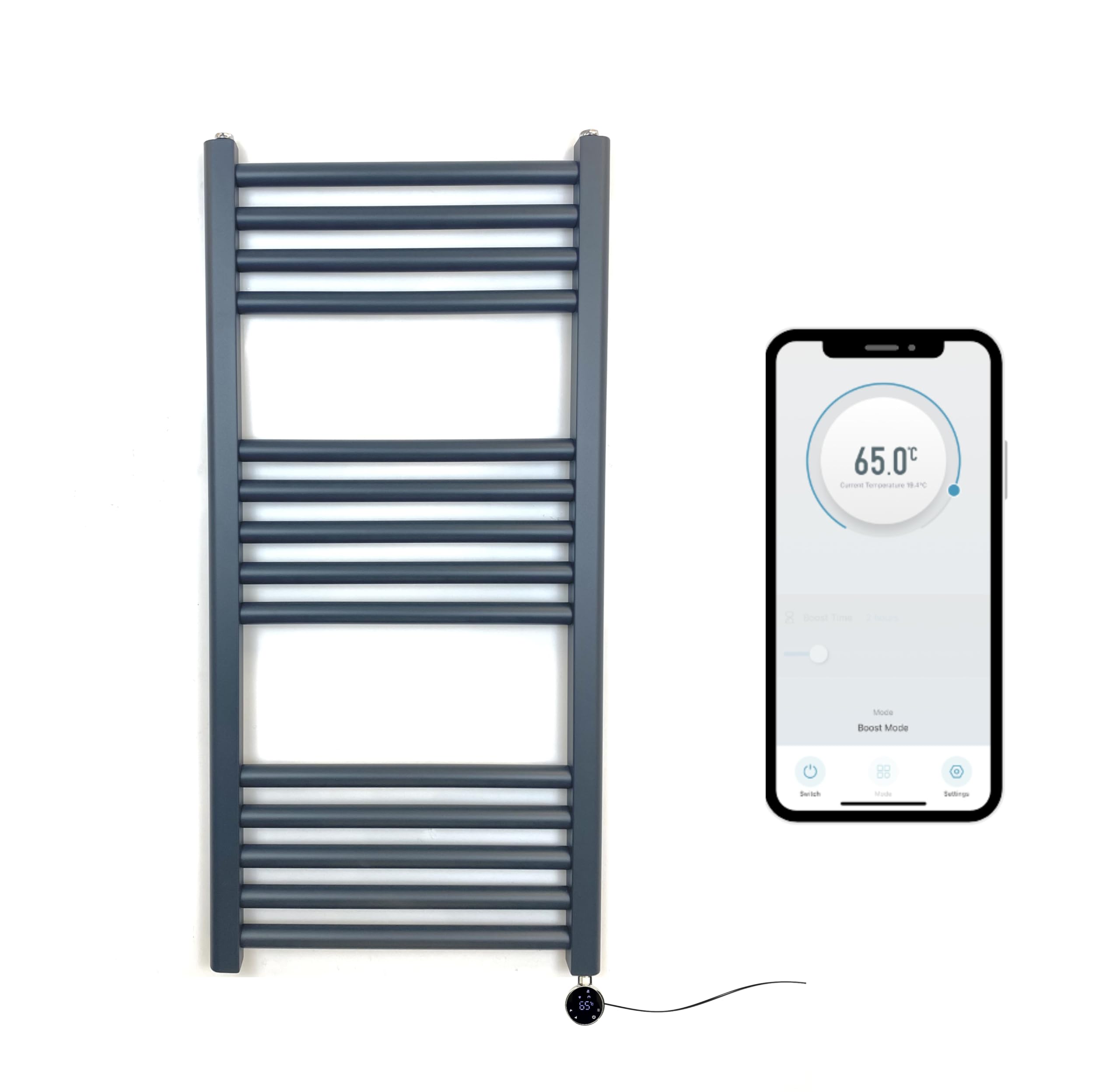 Greened House Anthracite Electric Smart Wifi Controlled Heated Towel Rail 400Mm W X 800Mm H Flat 7 Day Programmable Timer App Compatibility