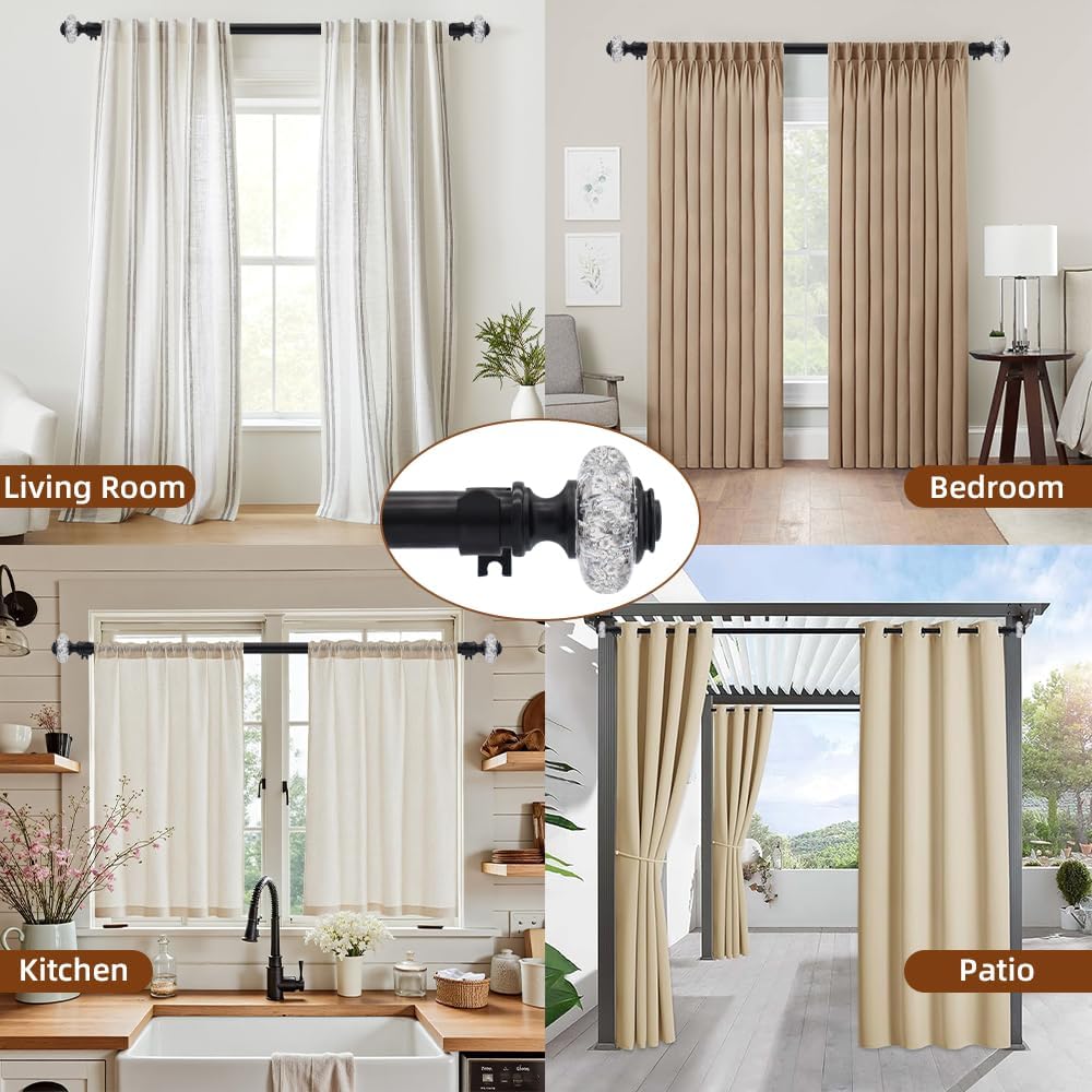 Curtain Rods for Windows 28 to 80 Inches,Heavy Duty Black Curtain Rod, Adjustable Decorative Drapery Rod for Curtains Drapery Bar Luxury Crystal Finials and Brackets,Black