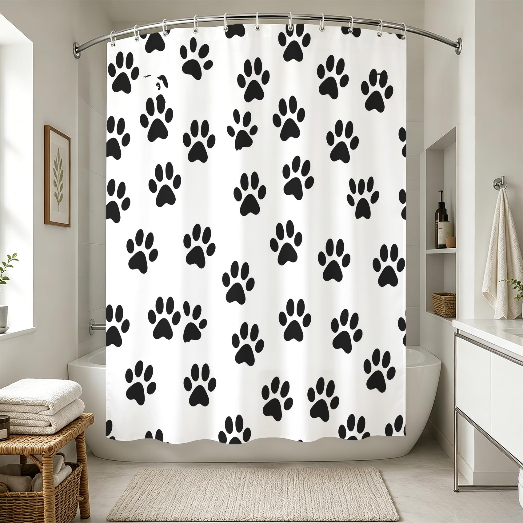 Générique Rideau de Douche Empreinte de Patte Noir Blanc 180x220cm | Rideau Douche Animaux de Compagnie Mignon Tissu Polyester Hydrofuge Rideau Baignoire pour Salle de Bain avec Crochets