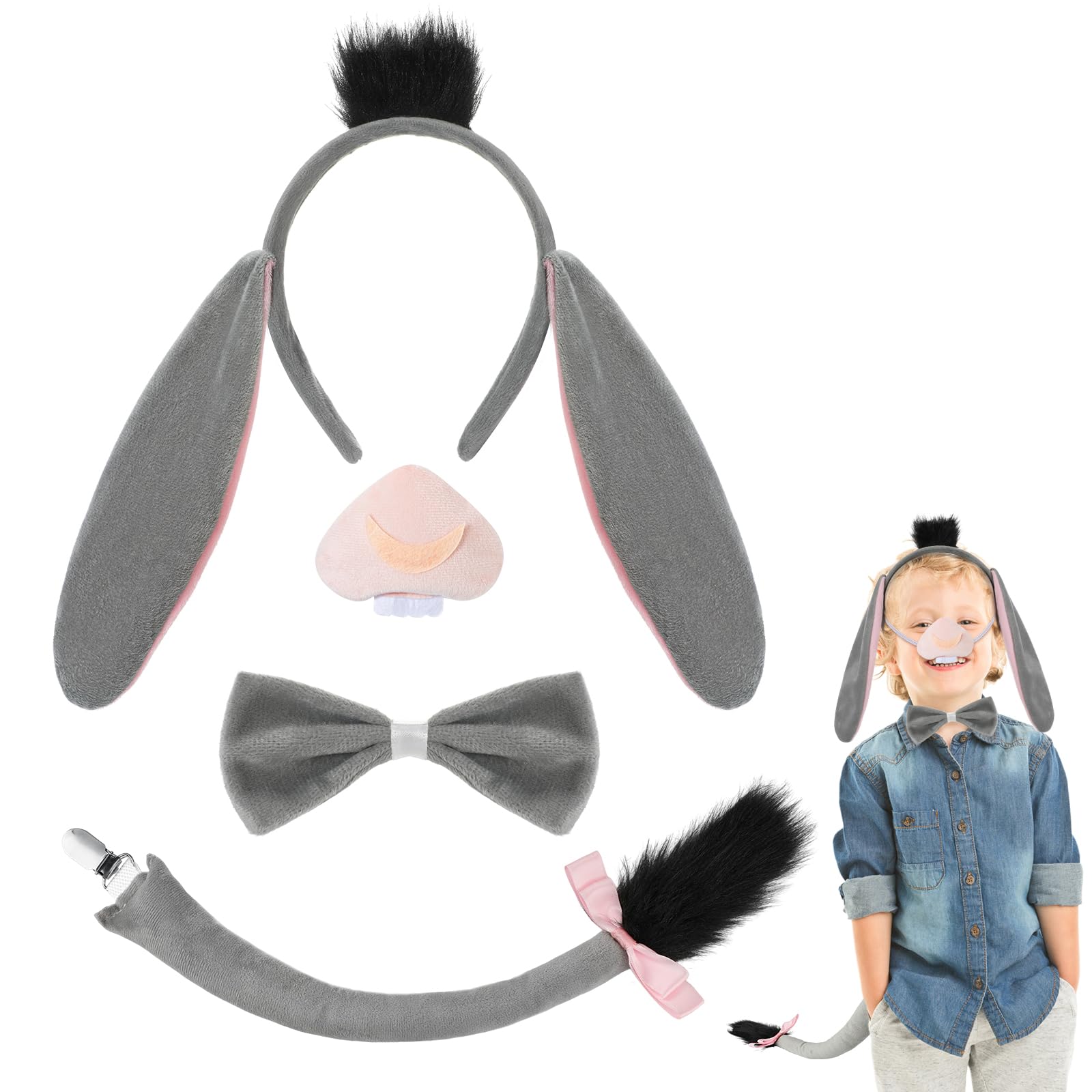 Hifot 4Pcs Donkey Costume Kids Adults Set, Donkey Ears and Tail Headband Nose Bow Tie Set, Donkey Outfit Animal Costume Accessories for Cosplay Halloween Carnival Nativity Theme Party World Book Day