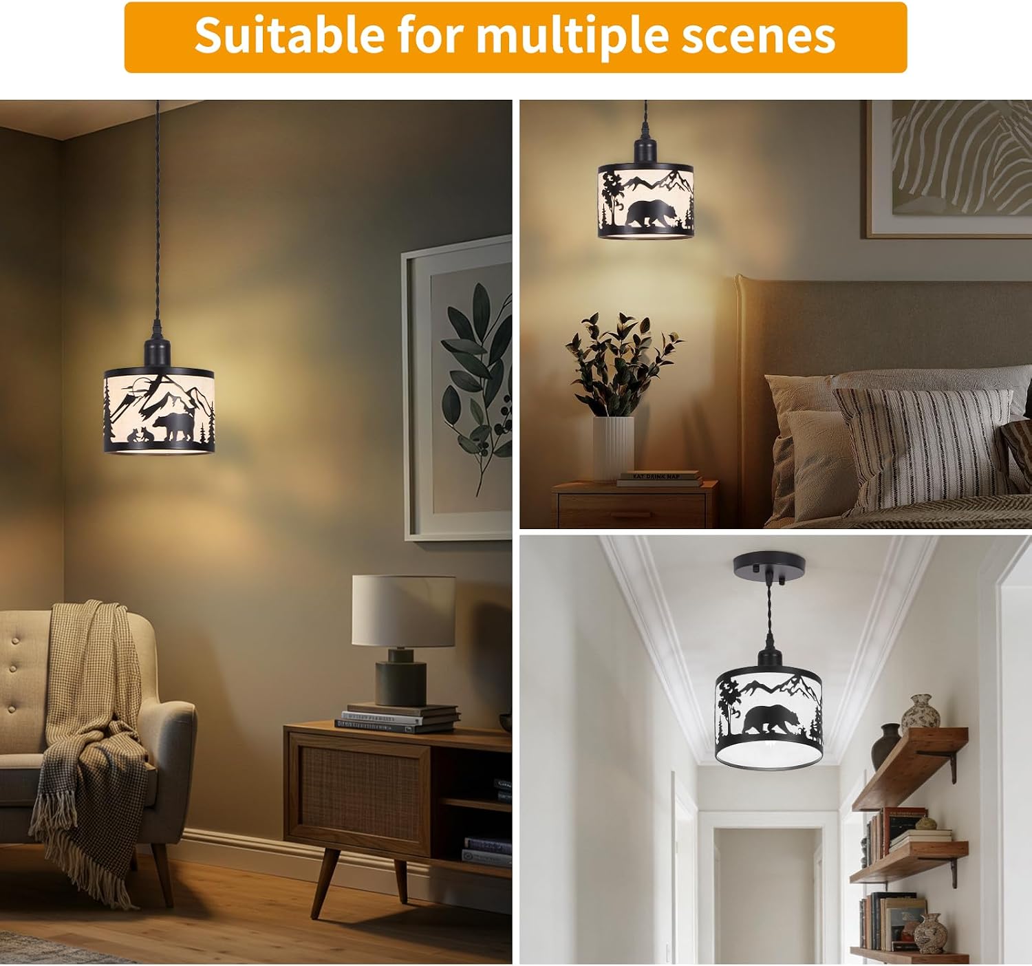 Farmhouse Pendant Lights Kitchen Island Fixtures, 1-Light Rustic Metal Bear Chandelier with Linen Shade, Adjustable Hanging Light for Dining Room, Bedroom, Entryway, or Living Room (No Bulb Included)