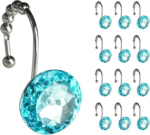 Sunlit Luxury Design Round Teal Diamond Crystal Gem Bling with Glide Balls Shower Curtain Hooks for Mermaid Shower Curtains, Rust Proof Metal