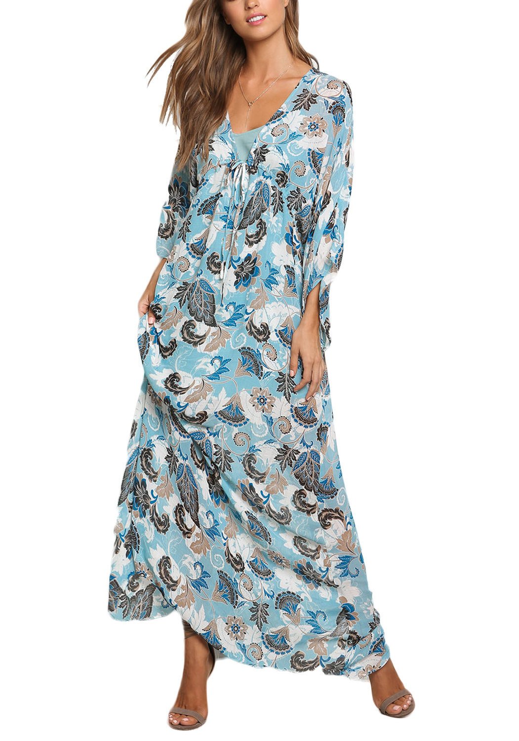 Love Culture Women's Dusty Blue Chiffon Floral Print Maxi Dress
