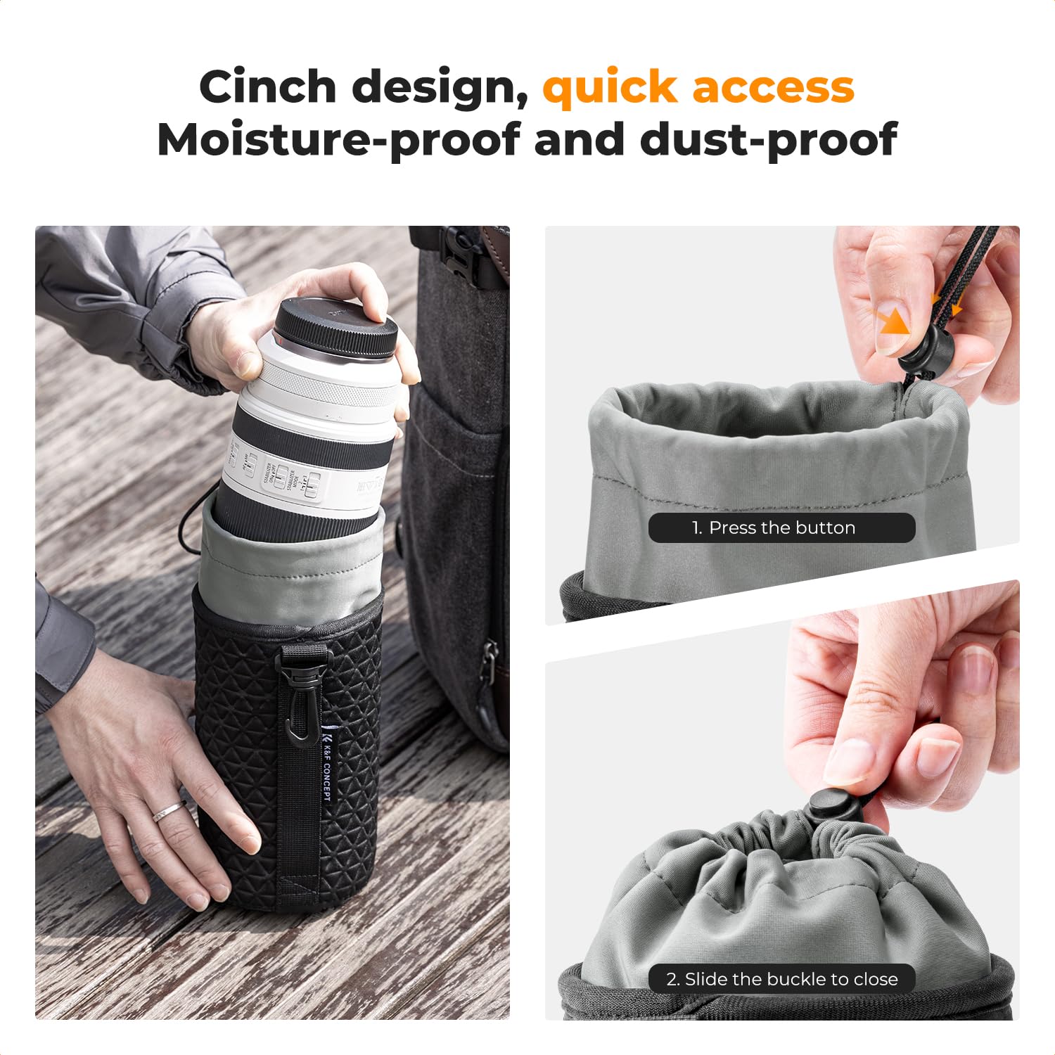 K&F Concept Objektivtasche, Objektivbeutel für Kameraobjektive in 4 Größen, weiche Objektivtasche mit Kordelzug für Canon, Nikon, Sony, Fuji, Sigma, Geeignet für tägliche und professionelle Fotografie