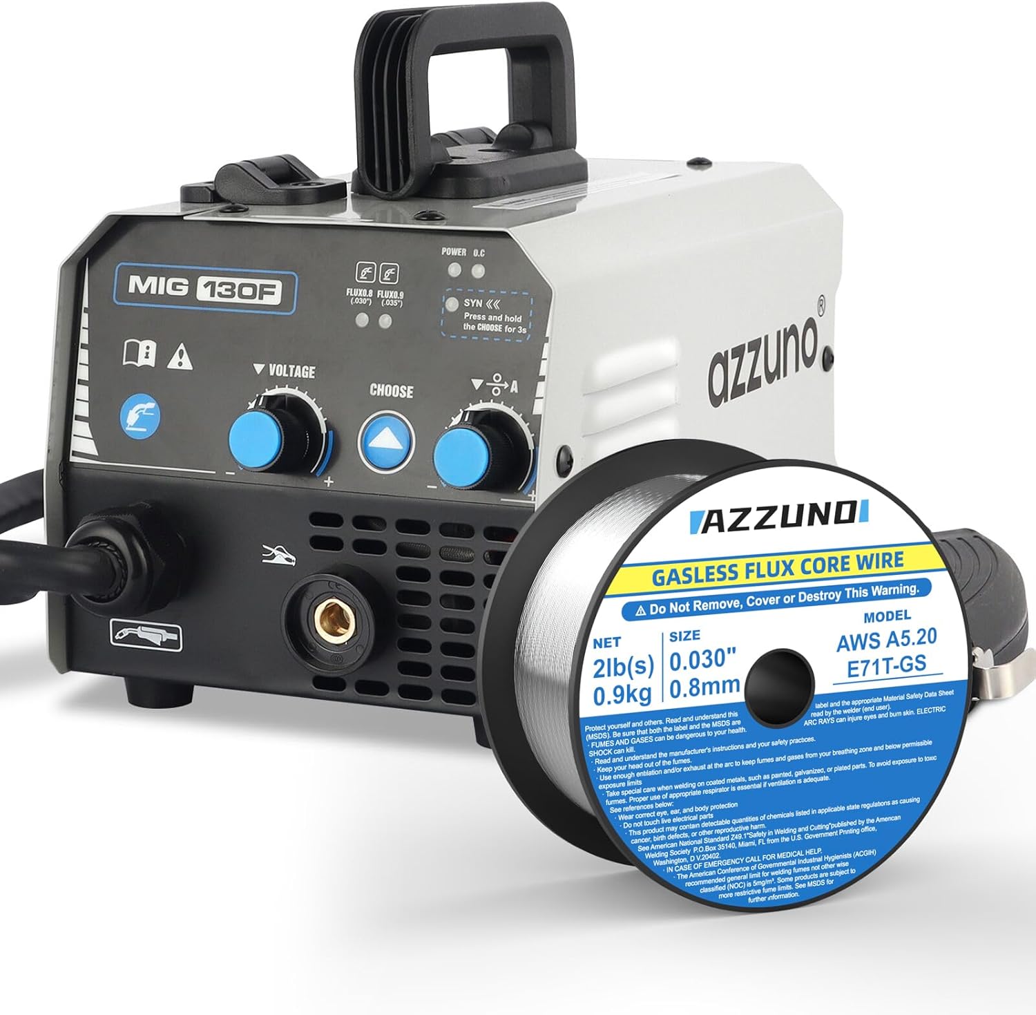 AZZUNO 130A MIG Welder & .030" 2LBS Flux Core Mig Welding Wire, 110V Gasless MIG Welding Machine, Portable Wire Feed MIG Welder Machine