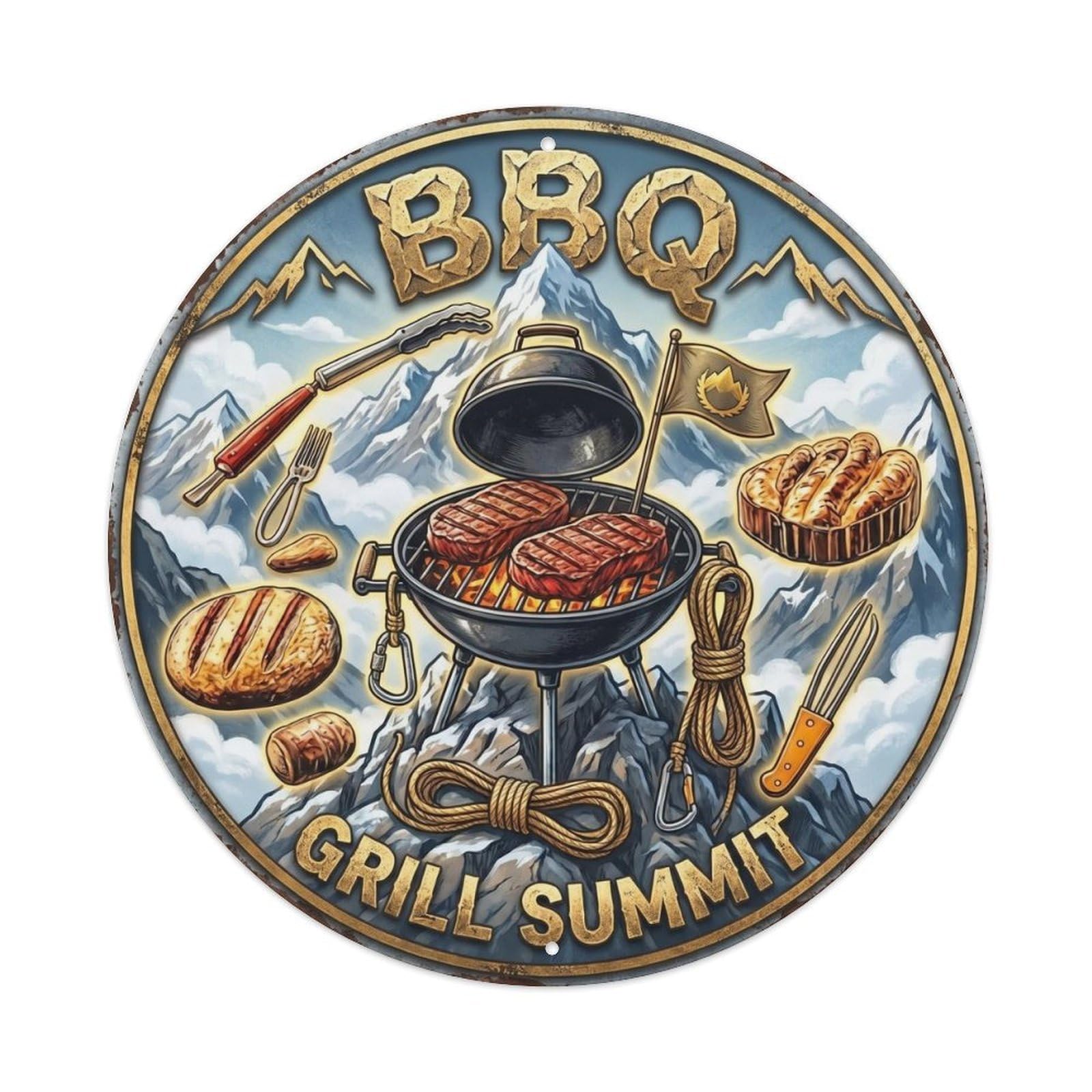 BBQ Barbecue Grill Summit Vintage Metal Tin Sign Plaque Wall Decor for Cafe, Club, Garden Round Metal Poster 8x8Inch