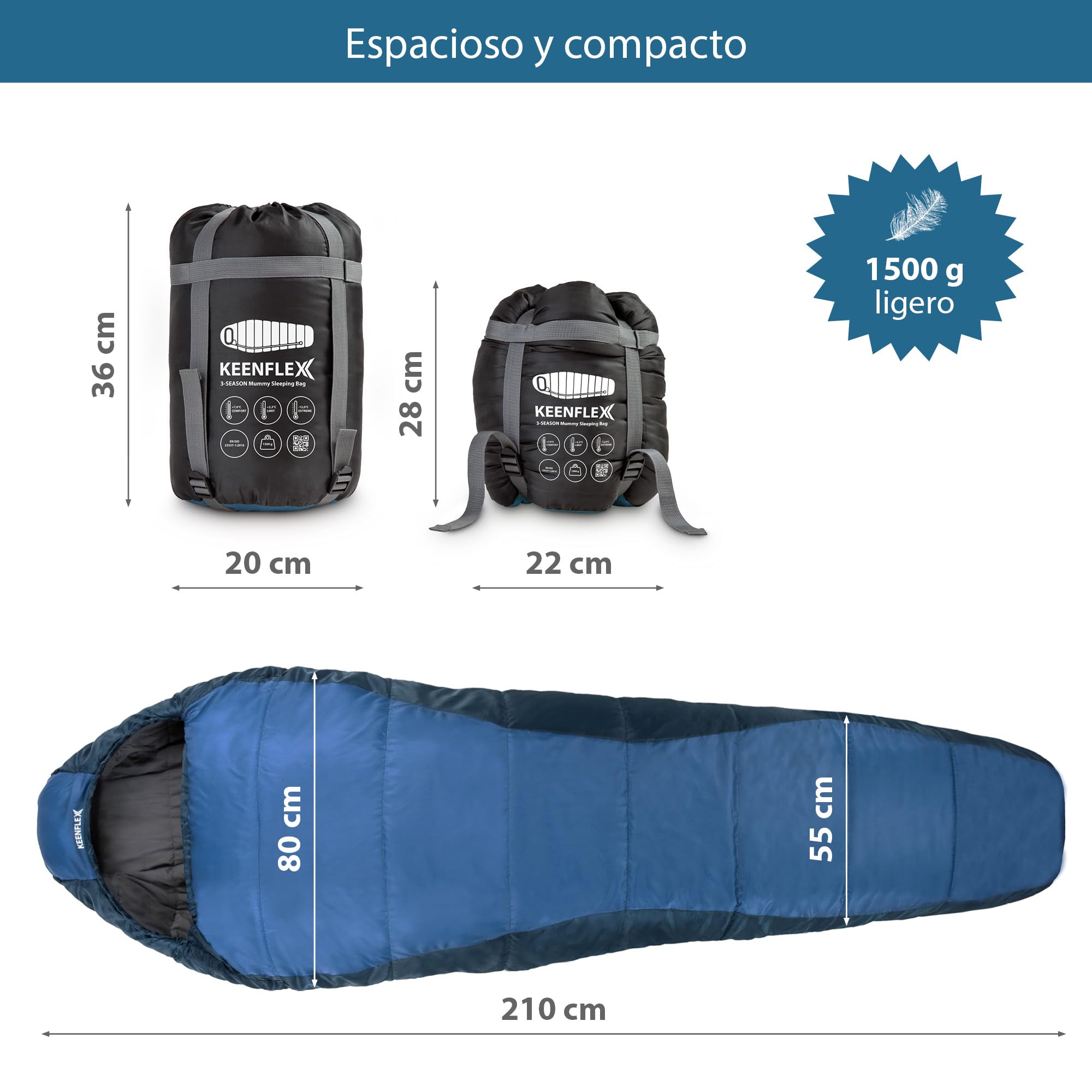 Saco de Dormir Momia 2-3 Estaciones Ultraligero & Compacto