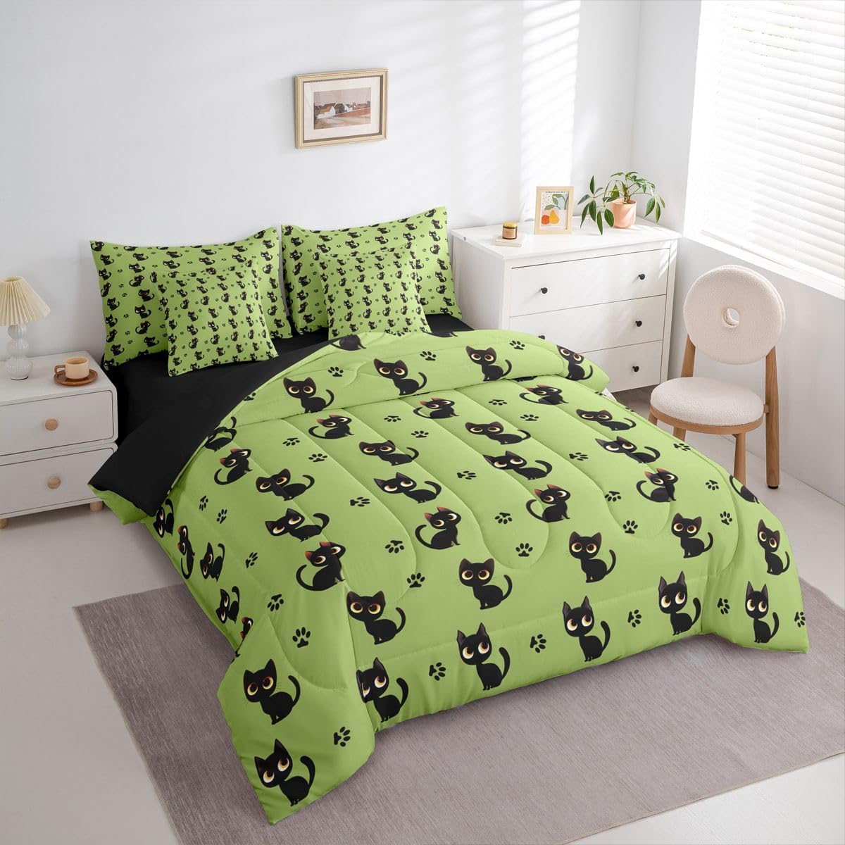 Cute Black Cat Twin Size Comforter Set with Sheets for Kids Boys Girls (Green Black) - Funny Cute Kitten 7-Piece Bedding Set Cartoon Black Cats Bed in a Bag Kawaii Cat Paw Print Bed Quilt Sets