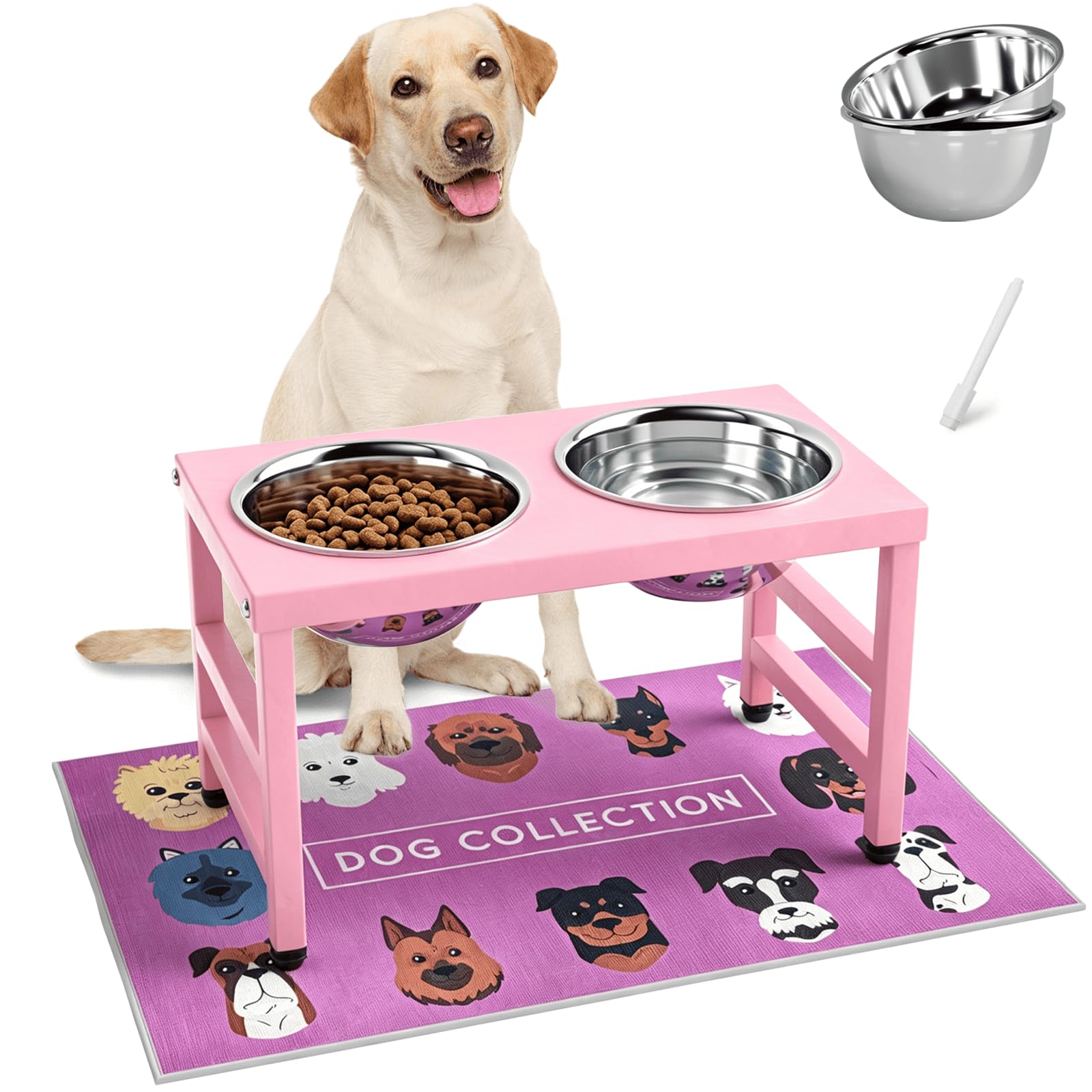 Raised Dog Bowl Stand 10 Inch Tall, Elevated Pet Feeder with 2 Stainless Steel Bowls (1700ml/58oz) &amp; Anti-Spill Silicone Mat for Large Dogs, Stable Metal Frame Feeding Station, Pink