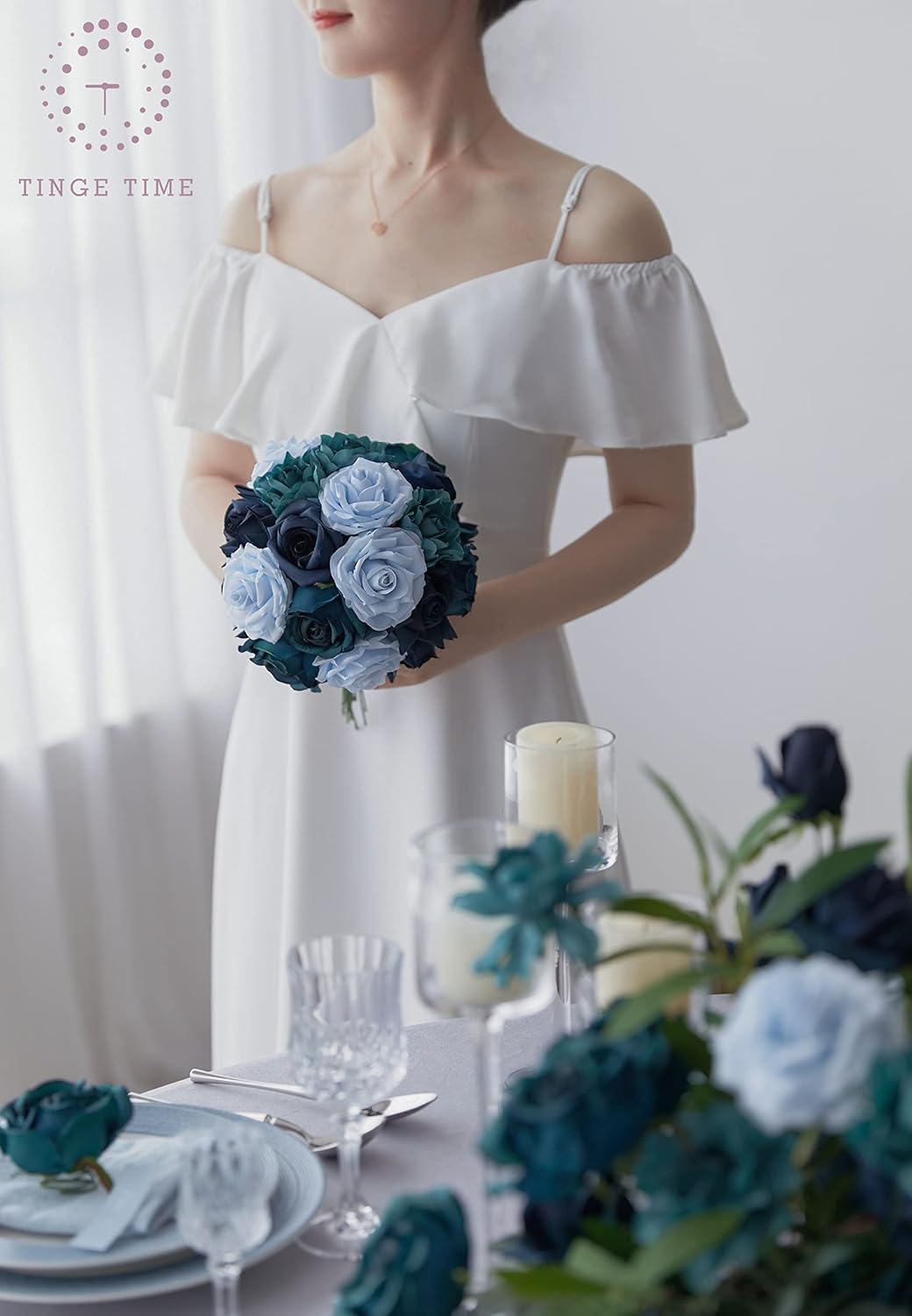 TINGE TIME Artificial Flowers, 25pcs Real Looking Dusty Blue Rose Fake Roses w/Stem for DIY Wedding Bouquets Centerpieces Arrangements Party Baby Shower Home Decorations