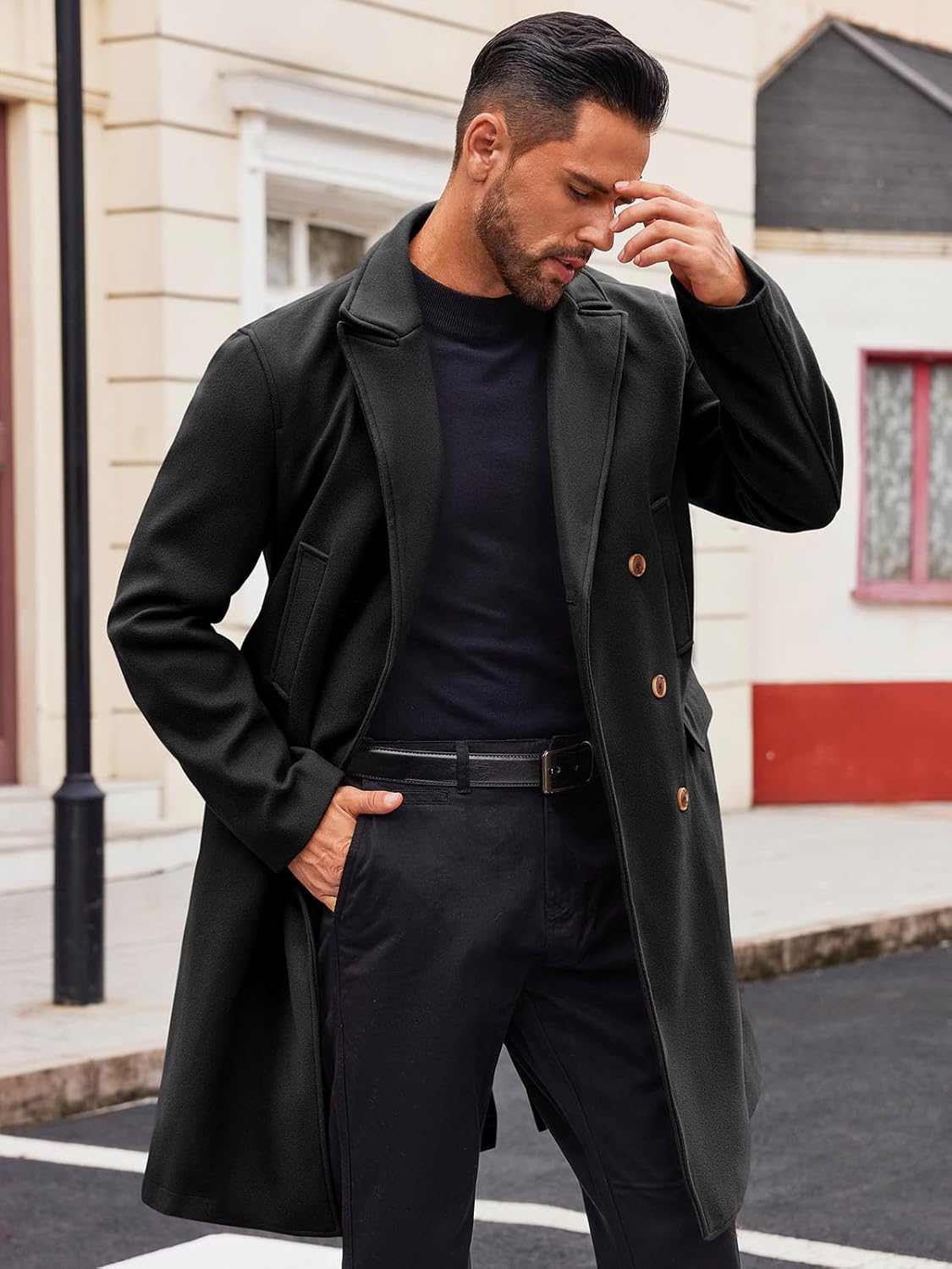 Runcati Mens Trench Coat Notch Lapel Slim Fit Double Breasted Casual Long Business Pea Coat Overcoat - Image 3