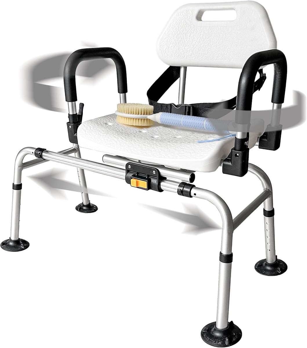 DMI 360 Max Comfort Swivel Shower Chair & Transfer Bench, Extra-Wide 360lb Capacity, Non-Slip & Padded Arms, Bonus Adjustable Back Scrubber
