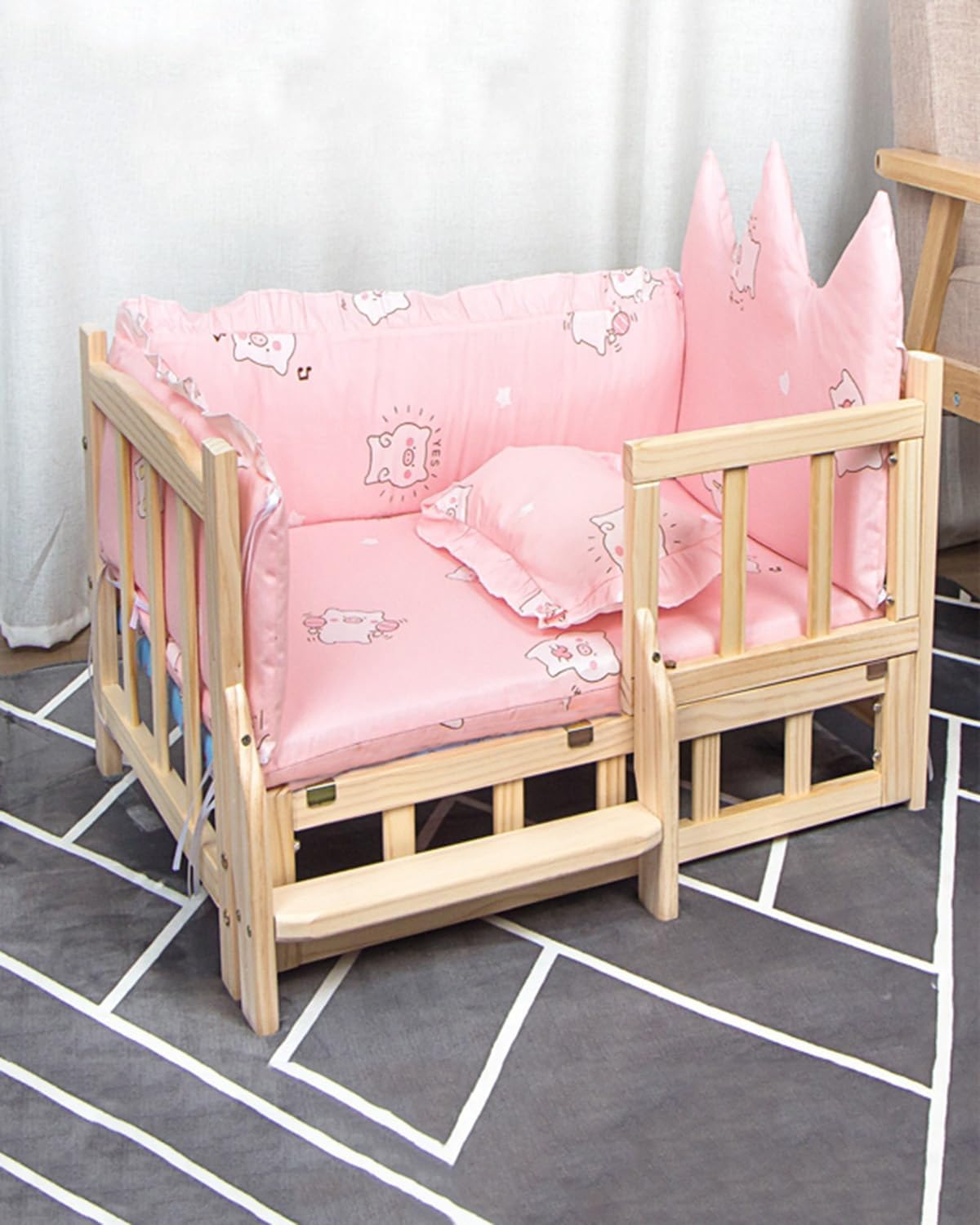 Solid Wood Frame Elevated Dog Bed Removable, Easy Assembly Pet Shelter with Rails & Stairs, Four Seasons Universal Pet House for Cat/Dog (Color : 4-with Bedding, Size : L-90 * 55 * 42cm) (