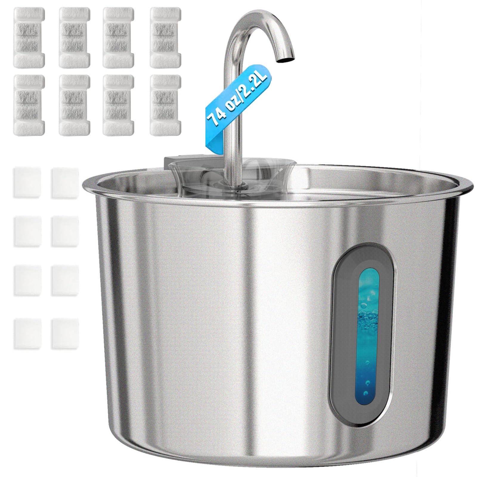 Fuente de agua para gatos, fuente de agua para gatos de 74 onzas/2.2 L para beber – Fuente de agua para mascotas de acero inoxidable para gatos en el interior – Dispensador silencioso de cuenco