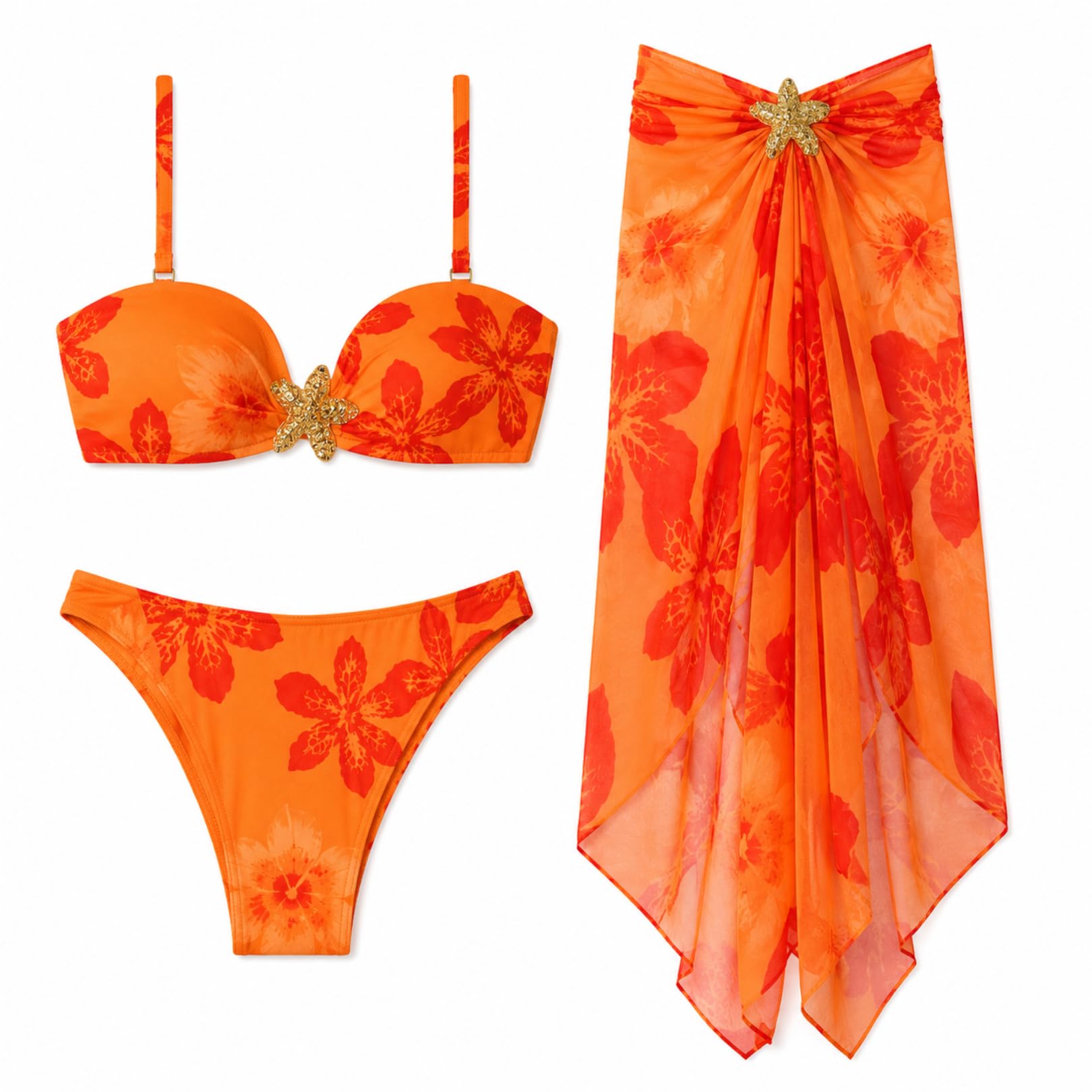 feeluni Women’s 3-Piece Tropical Floral Bikini Set with Matching Sarong, Starfish Embellishment, Adjustable Straps, Padded Cups, Resort Vacation Beachwear & Swimwear-picture-32
