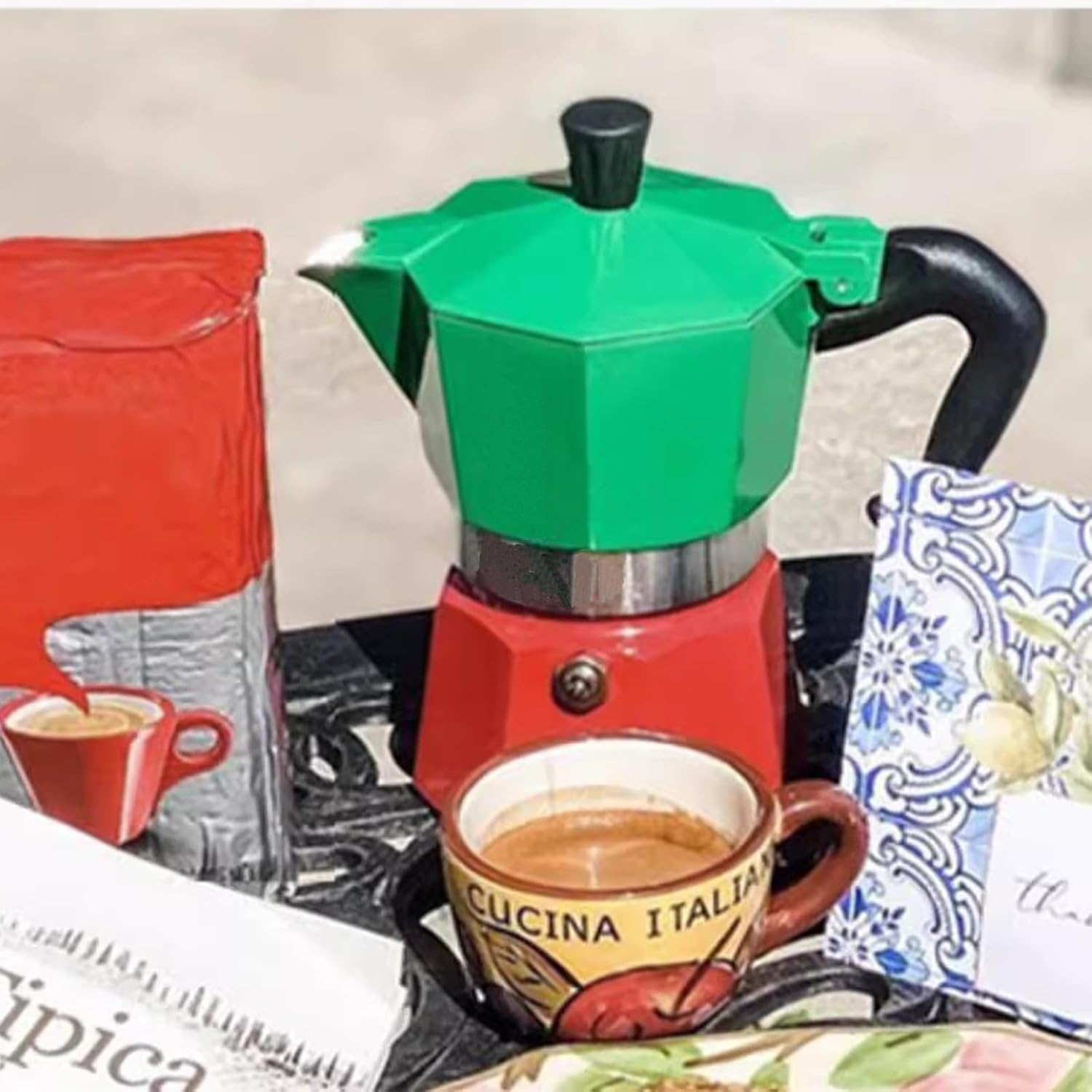 Coffee Pot, Moka Pot Italian Coffee Maker 6 cup/10 OZ Stovetop Espresso Maker for Gas or Electric Ceramic Stovetop Camping Manual Cuban Coffee Percolator for Cappuccino or Latte- Green+Red