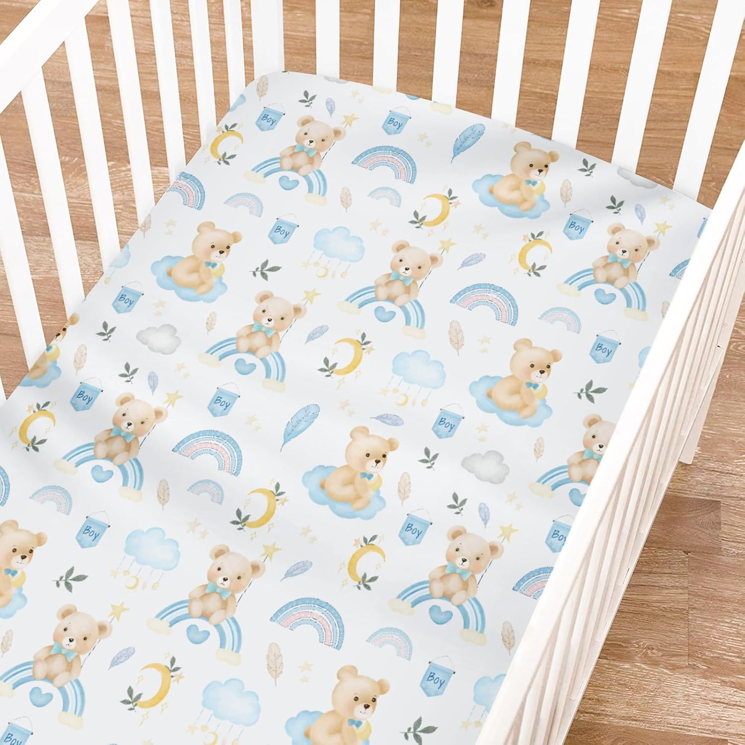 Watercolor Bear Rainbow Baby Crib Sheets for Boy 52"x28" Blue Bear Moon Cloud Feathers Leaves Soft Crib Mattress Covers Breathable Baby Bed Sheets for Standard Crib and Toddler Mattresses