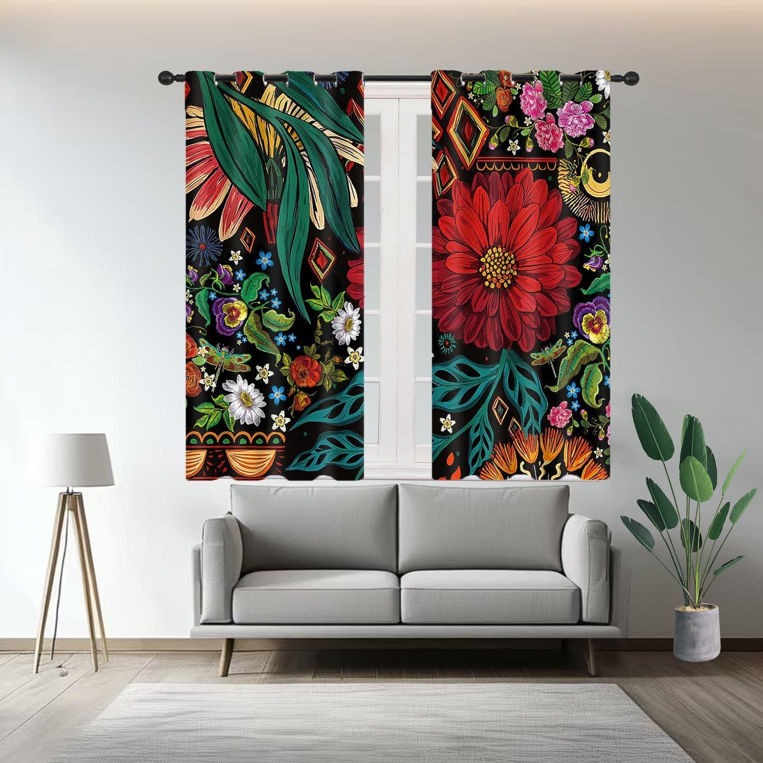 Boho Mid Century Floral Window Curtains Colorful Tropical Botanical Printed Decor Soundproof Thermal Blackout Cafe Curtains 63 Inch Length 2 Panels Set 52" W X 63" L Inches